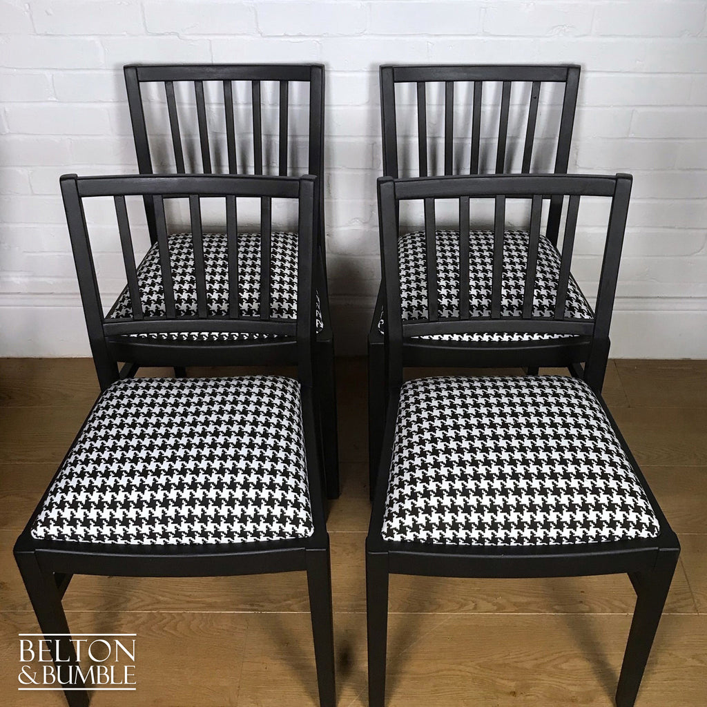 Set of 4 Dining Chairs in Black, Reupholstered with Black and White Houndstooth Fabric-Belton & Bumble