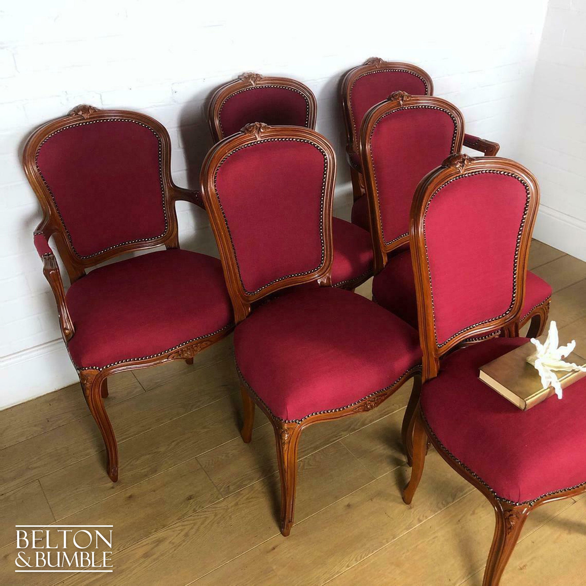 Set of 6 Carved Dining Chairs, Including 4 Chairs and 2 Carvers in Red-Belton & Bumble