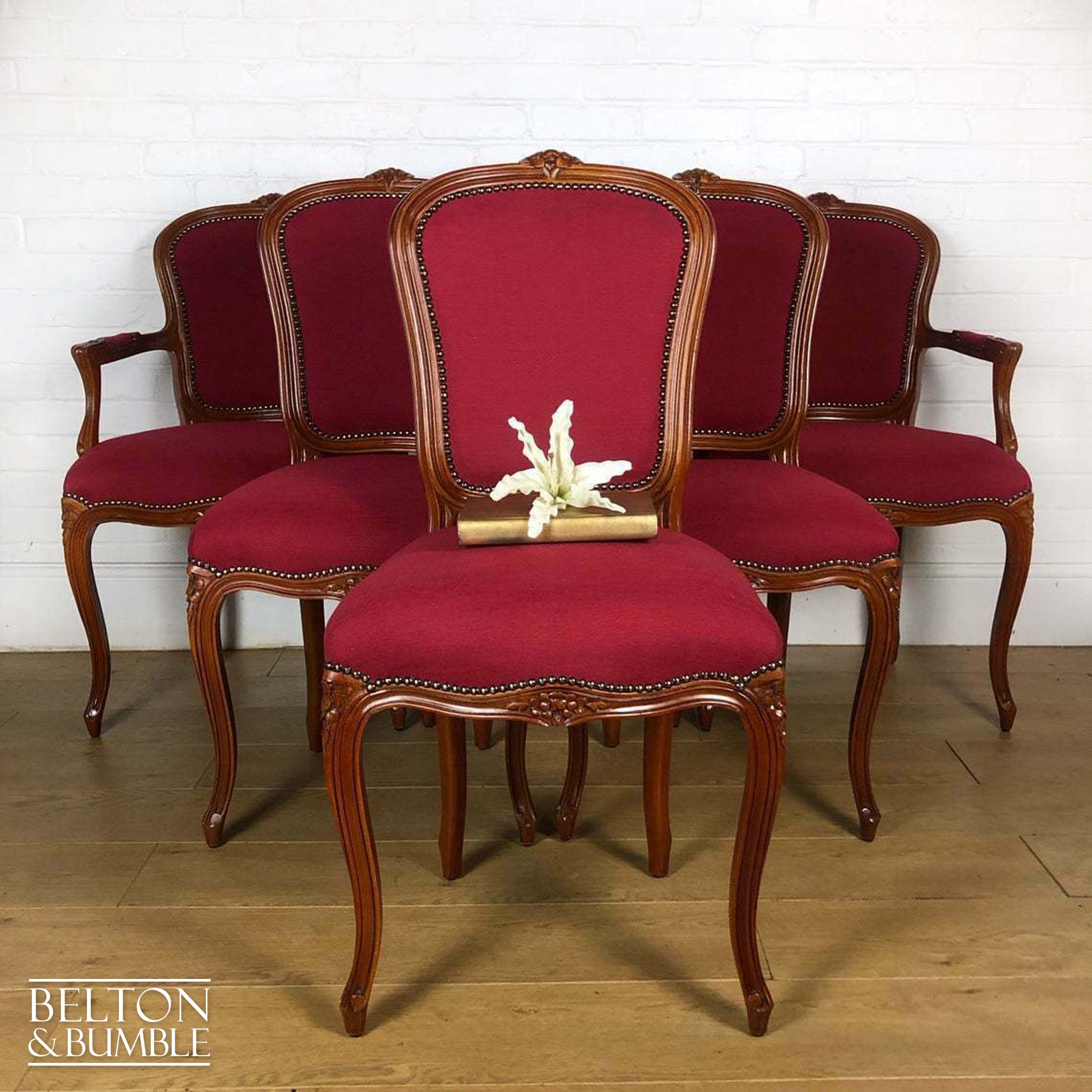 Set of 6 Carved Dining Chairs, Including 4 Chairs and 2 Carvers in Red-Belton & Butler
