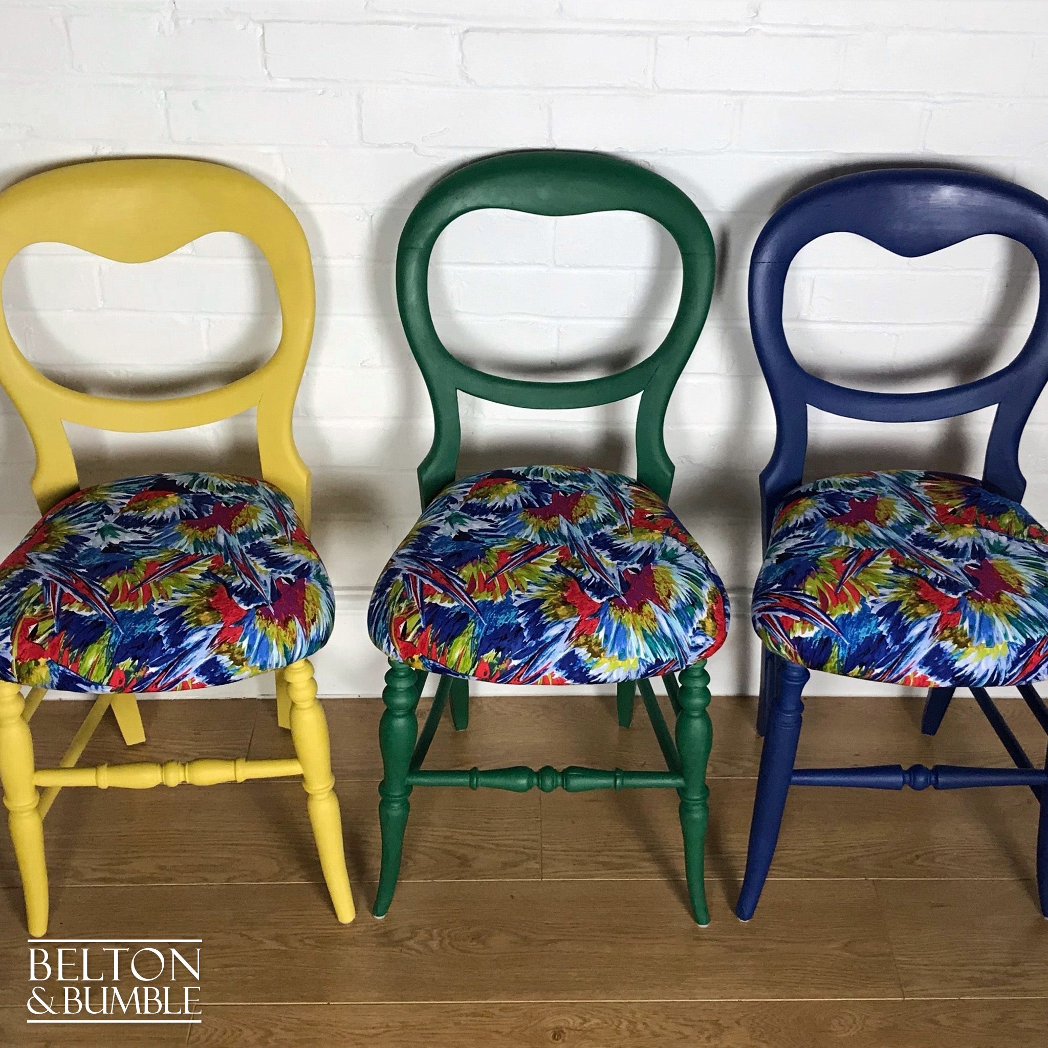 Set of 6 Mismatching Multicoloured Balloon Backed Dining Chairs in Bird Print-Belton & Bumble