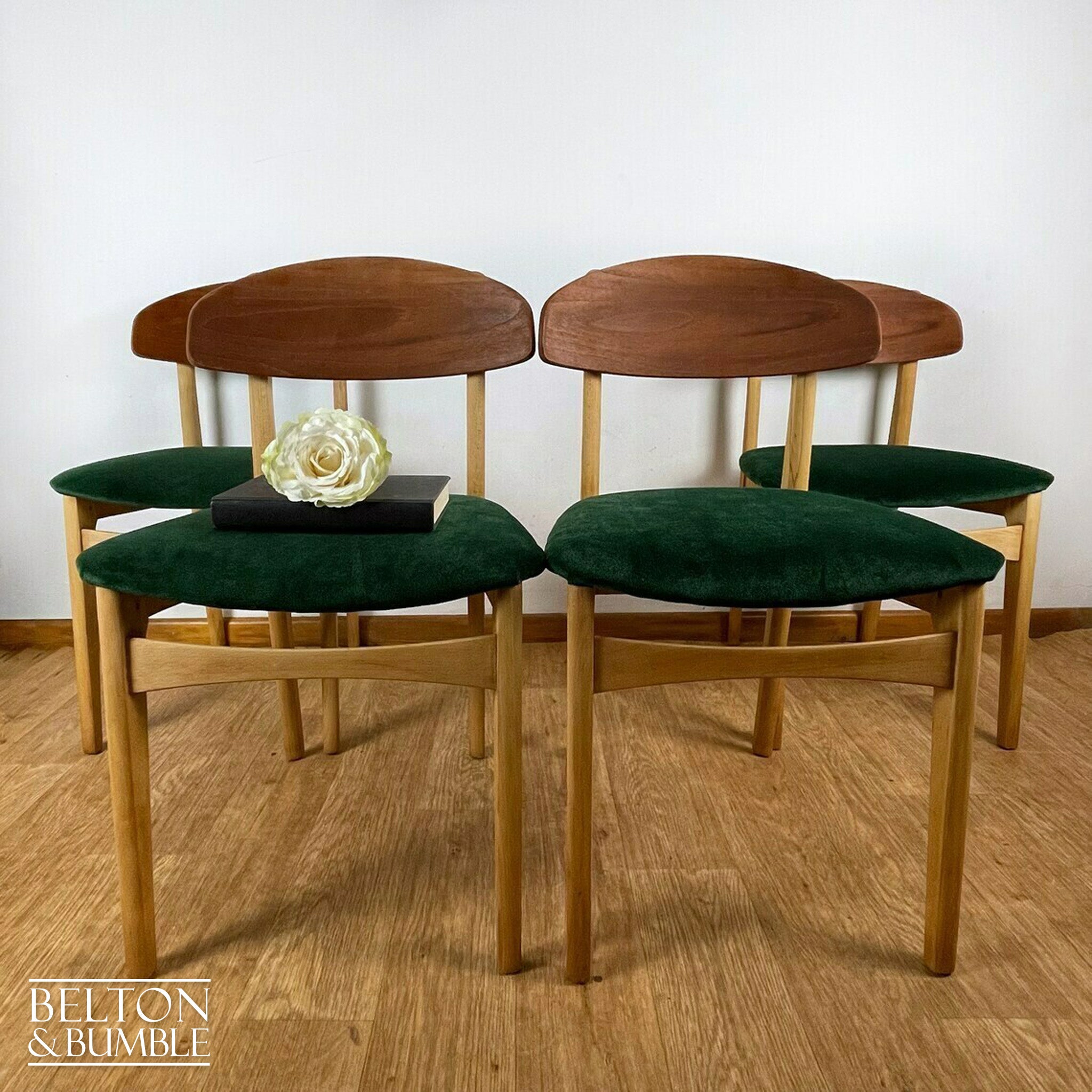 Set of Four Beech Dining Chairs with Dark Green Velvet, 1960s-Belton & Bumble