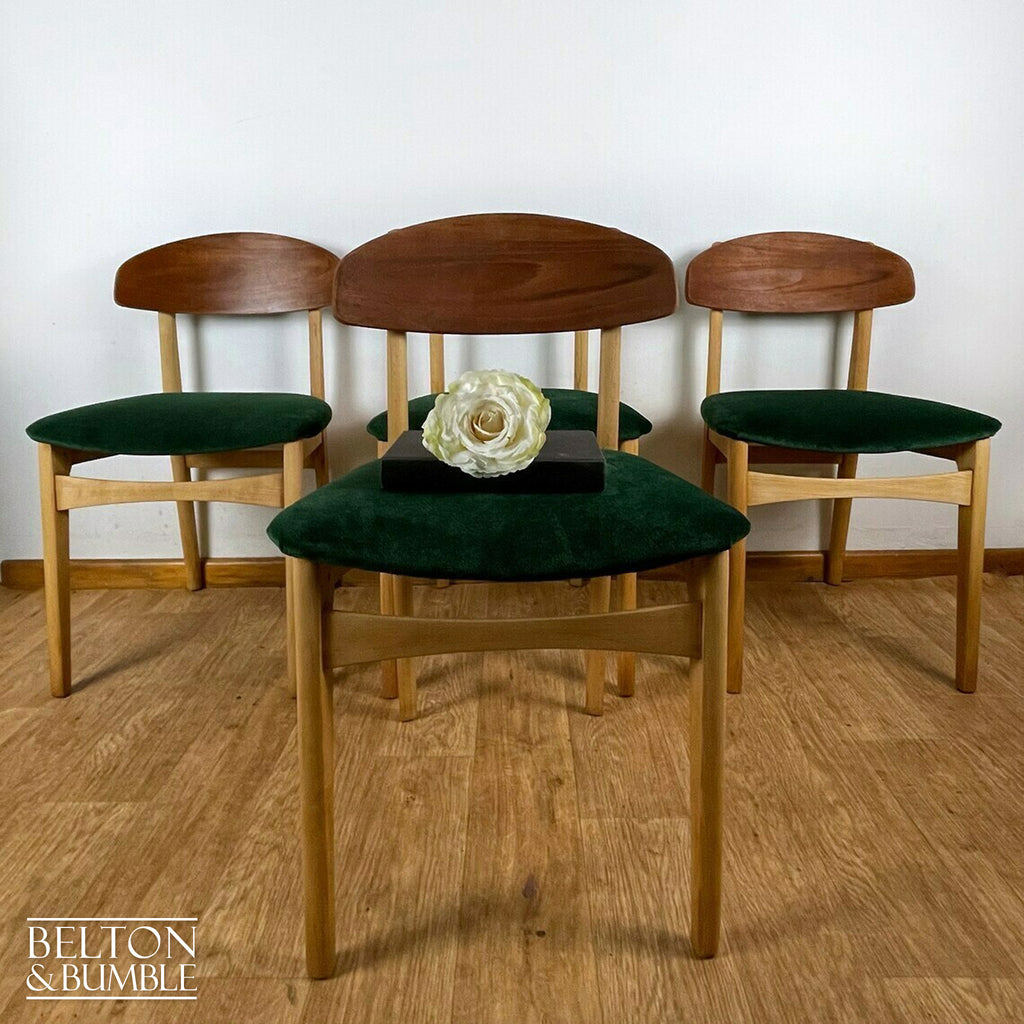 Set of Four Beech Dining Chairs with Dark Green Velvet, 1960s-Belton & Bumble