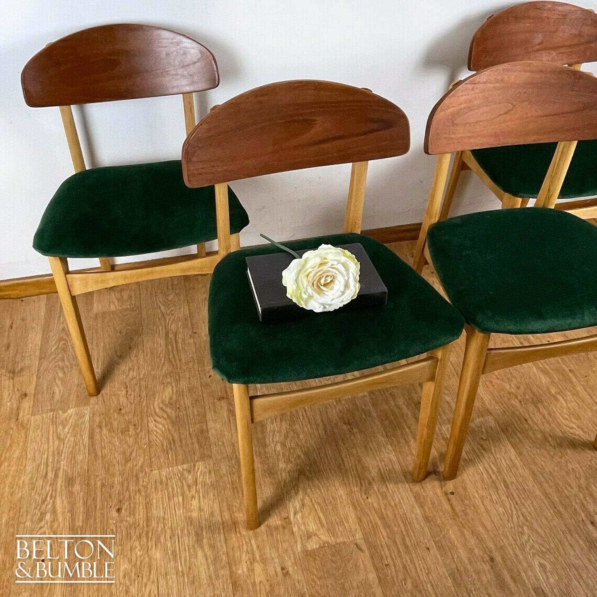 Set of Four Beech Dining Chairs with Dark Green Velvet, 1960s-Belton & Bumble
