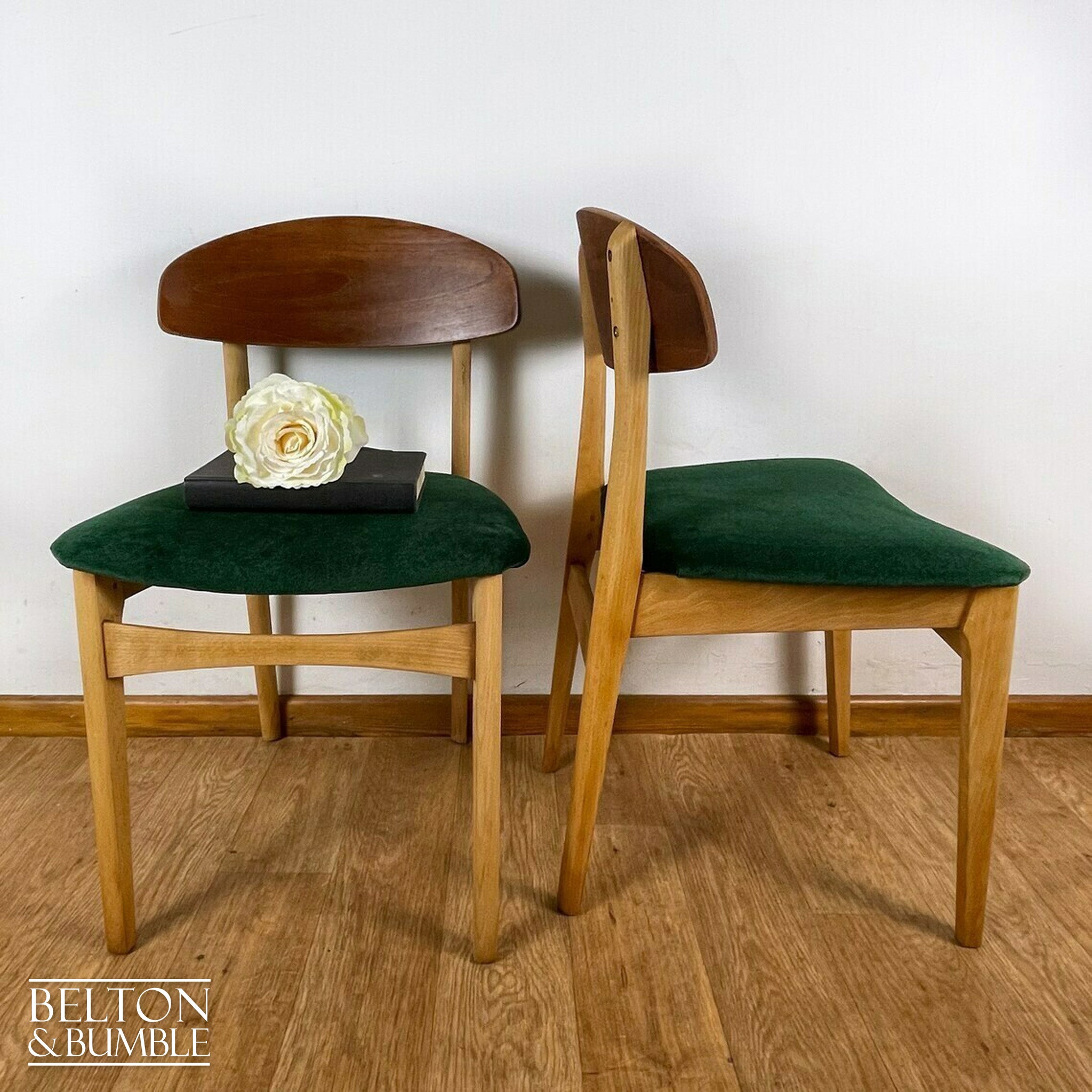 Set of Four Beech Dining Chairs with Dark Green Velvet, 1960s-Belton & Bumble