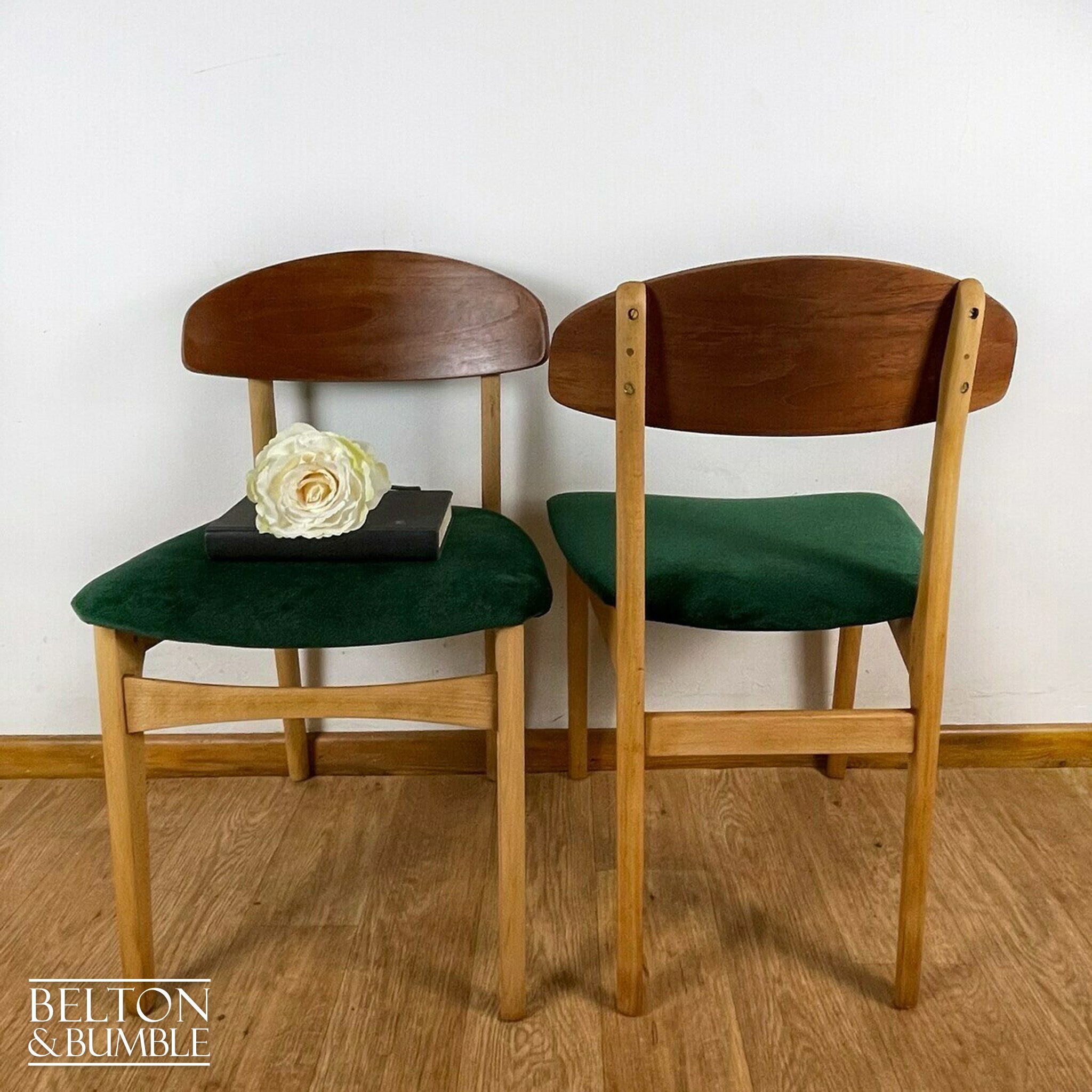 Set of Four Beech Dining Chairs with Dark Green Velvet, 1960s-Belton & Bumble
