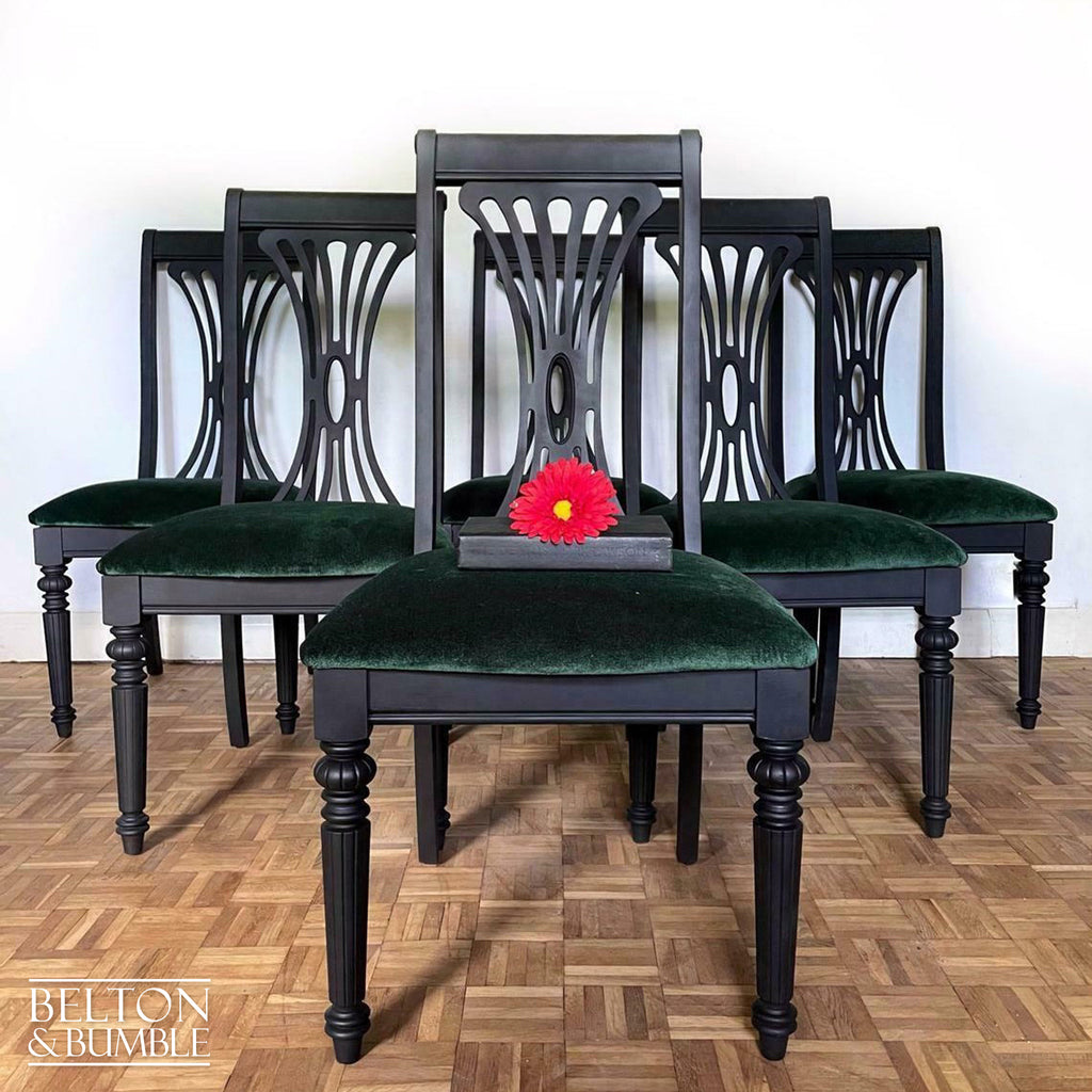 Set of Six Black Dining Chairs with Dark Green Velvet-Belton & Bumble