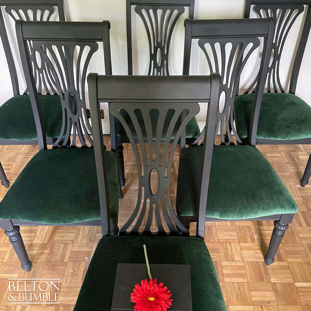 Set of Six Black Dining Chairs with Dark Green Velvet-Belton & Bumble