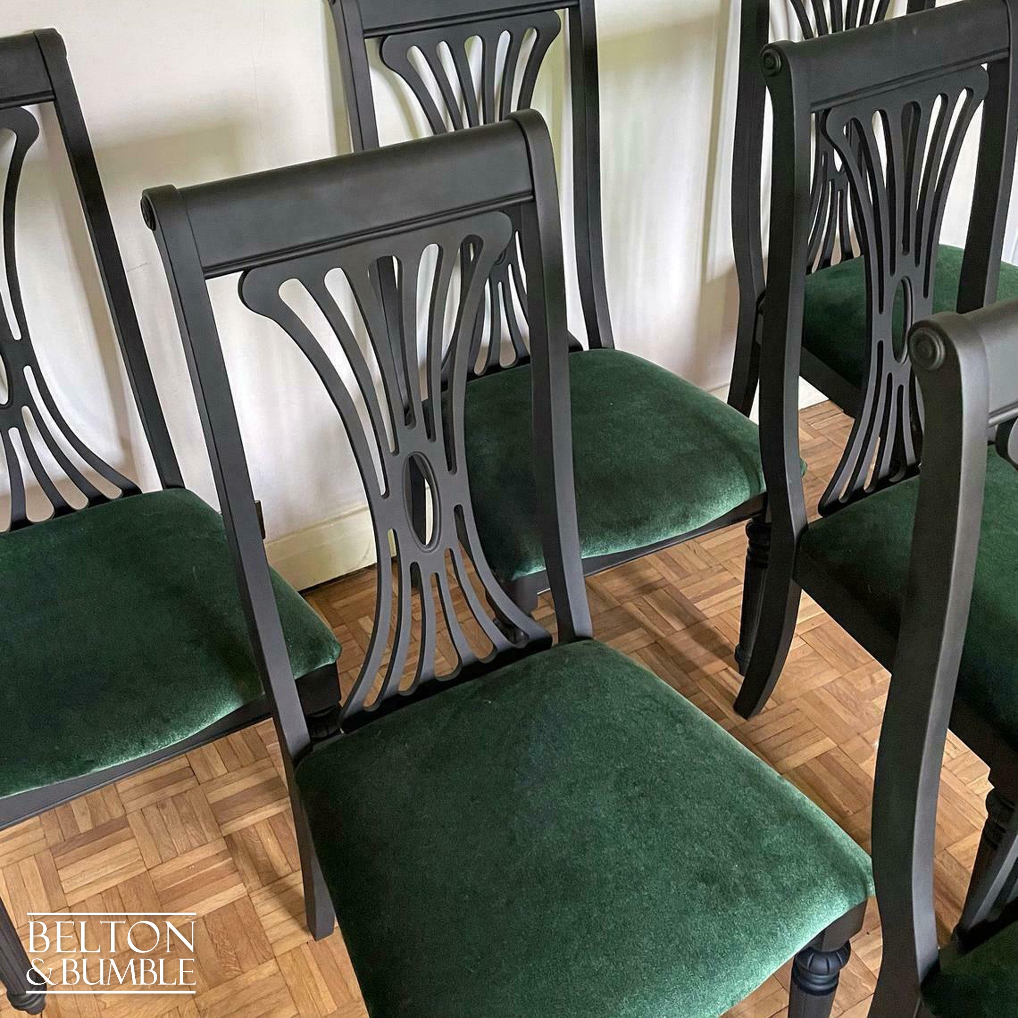 Set of Six Black Dining Chairs with Dark Green Velvet-Belton & Bumble