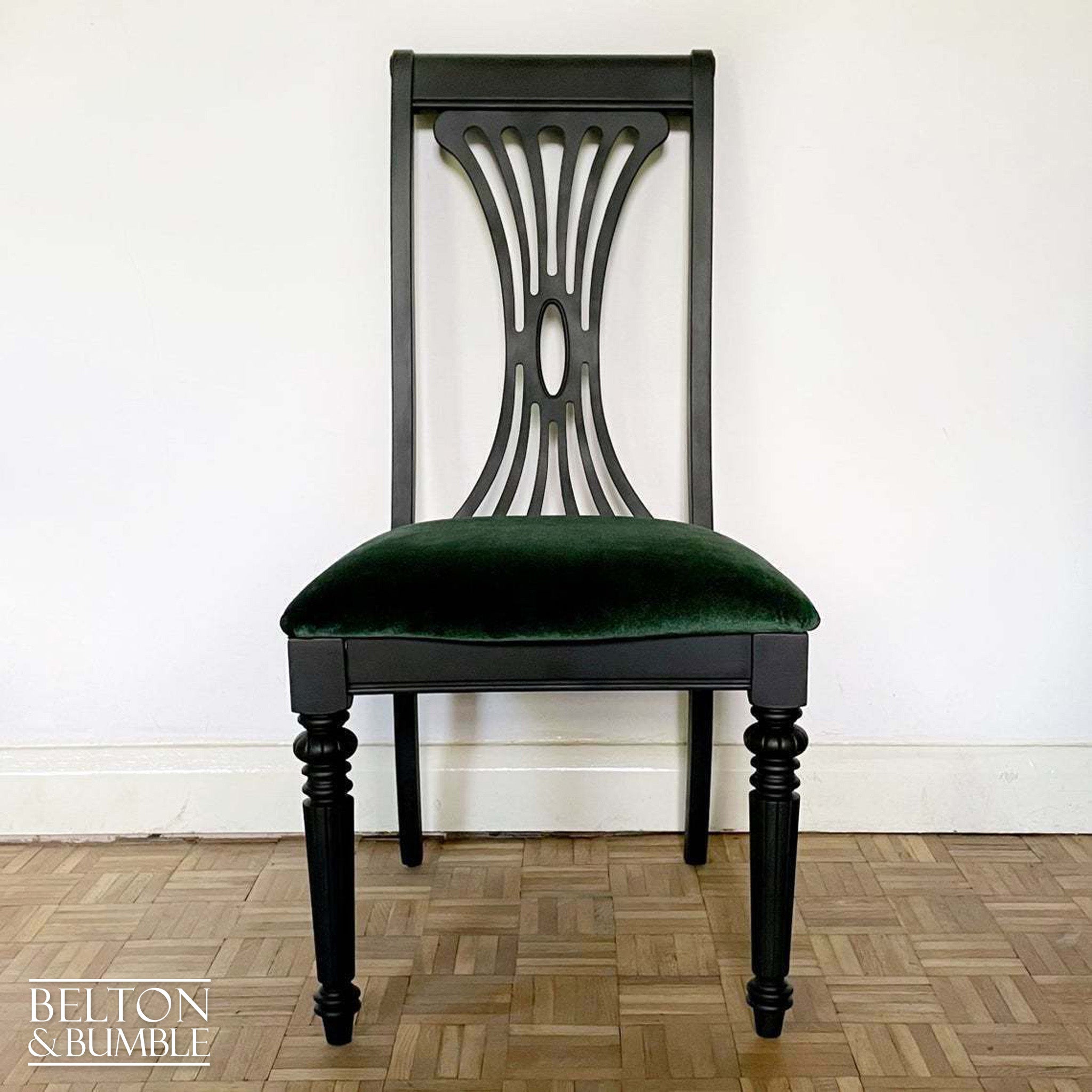 Set of Six Black Dining Chairs with Dark Green Velvet-Belton & Bumble