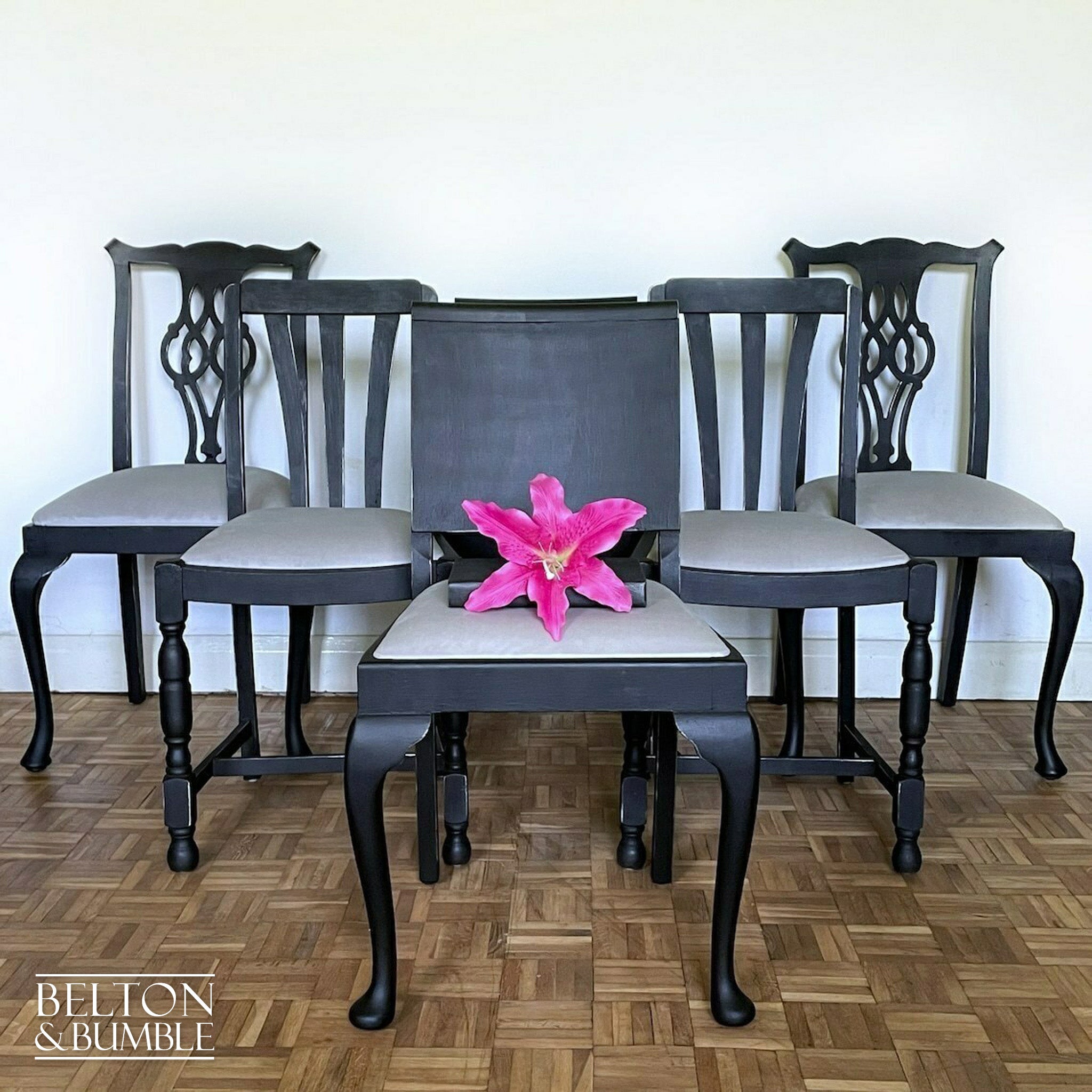 Set of Six Dining Chairs in Black with Light Grey Velvet-Belton & Bumble