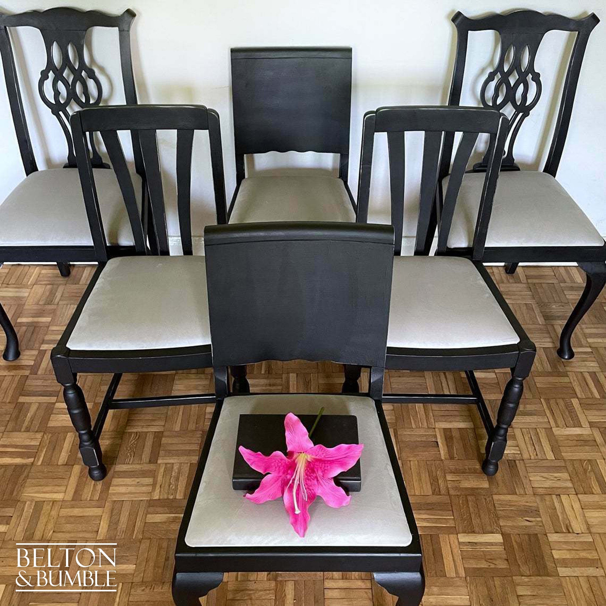 Set of Six Dining Chairs in Black with Light Grey Velvet-Belton & Bumble