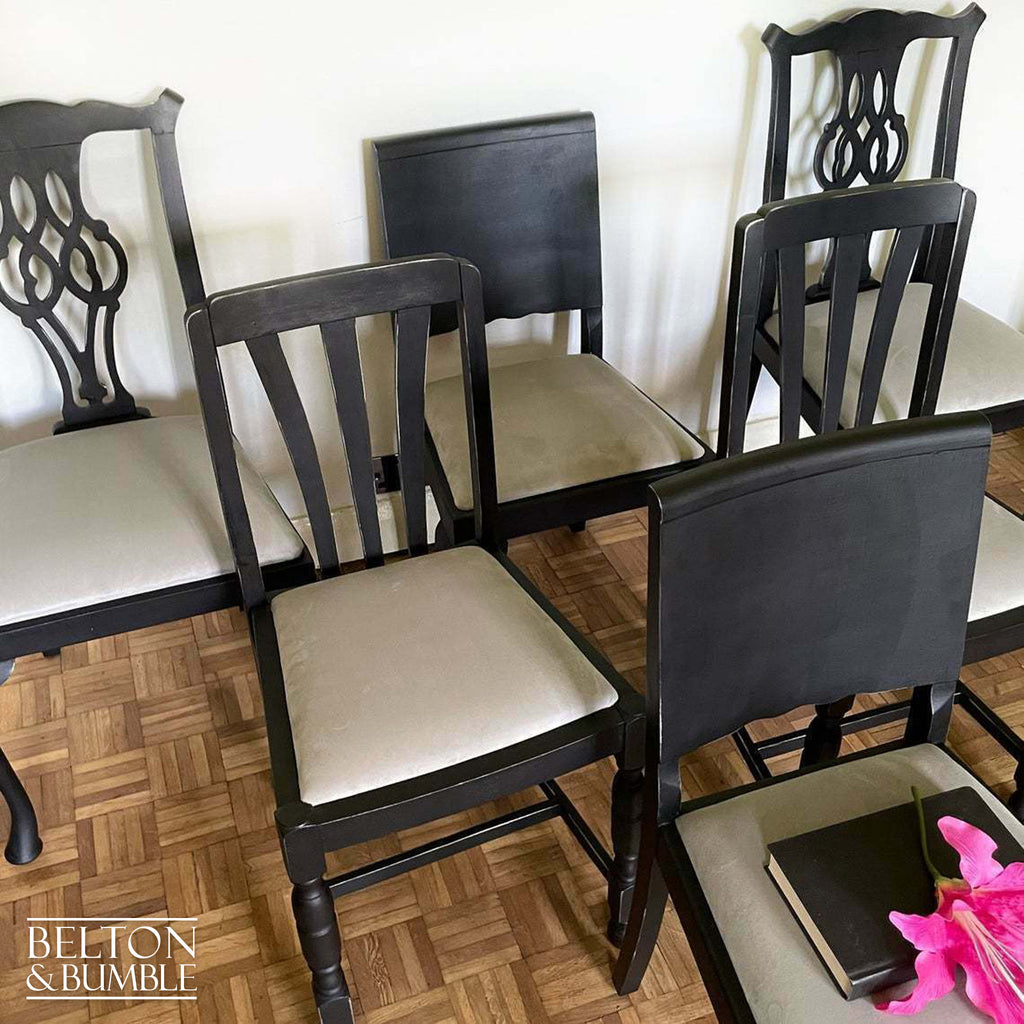 Set of Six Dining Chairs in Black with Light Grey Velvet-Belton & Bumble