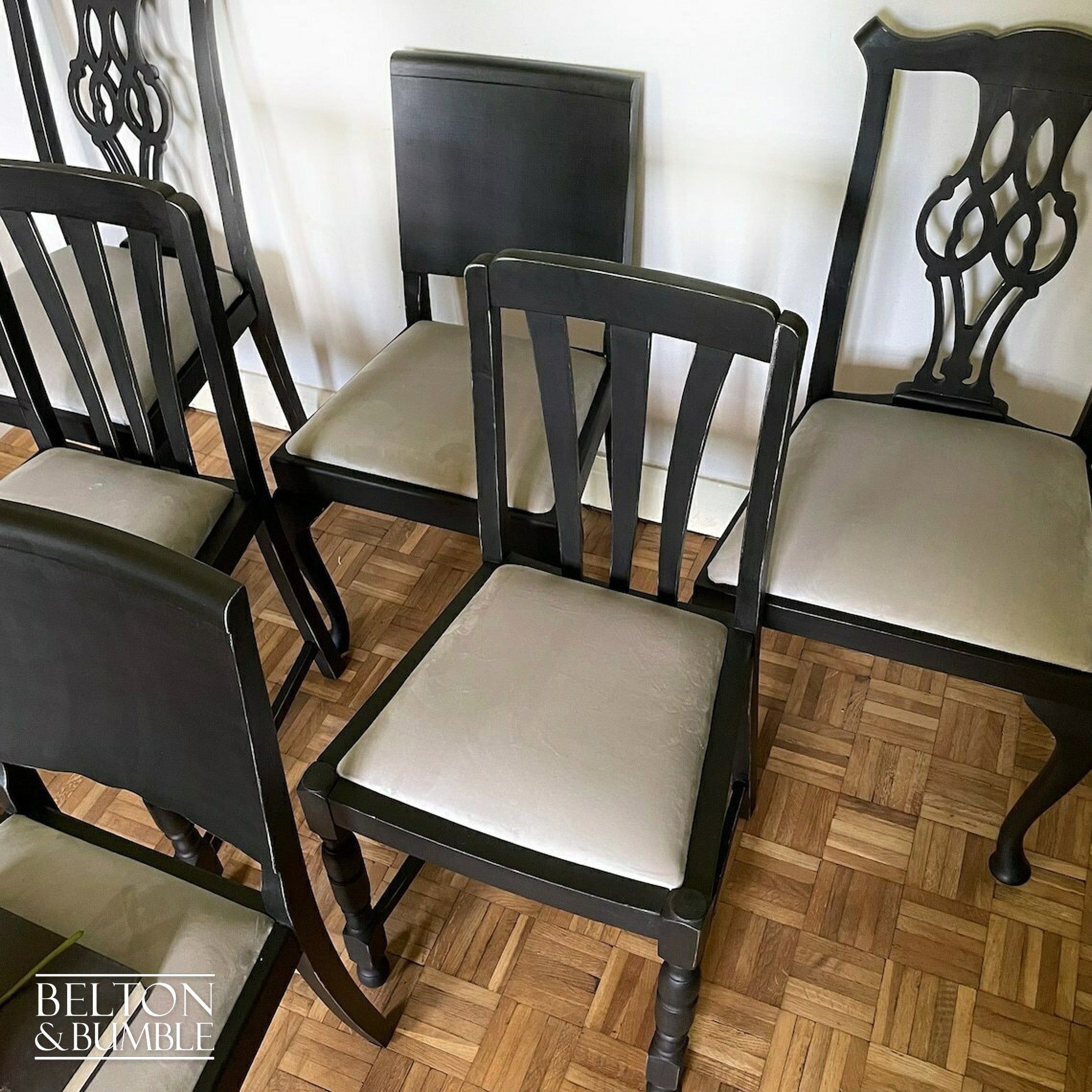 Set of Six Dining Chairs in Black with Light Grey Velvet-Belton & Bumble