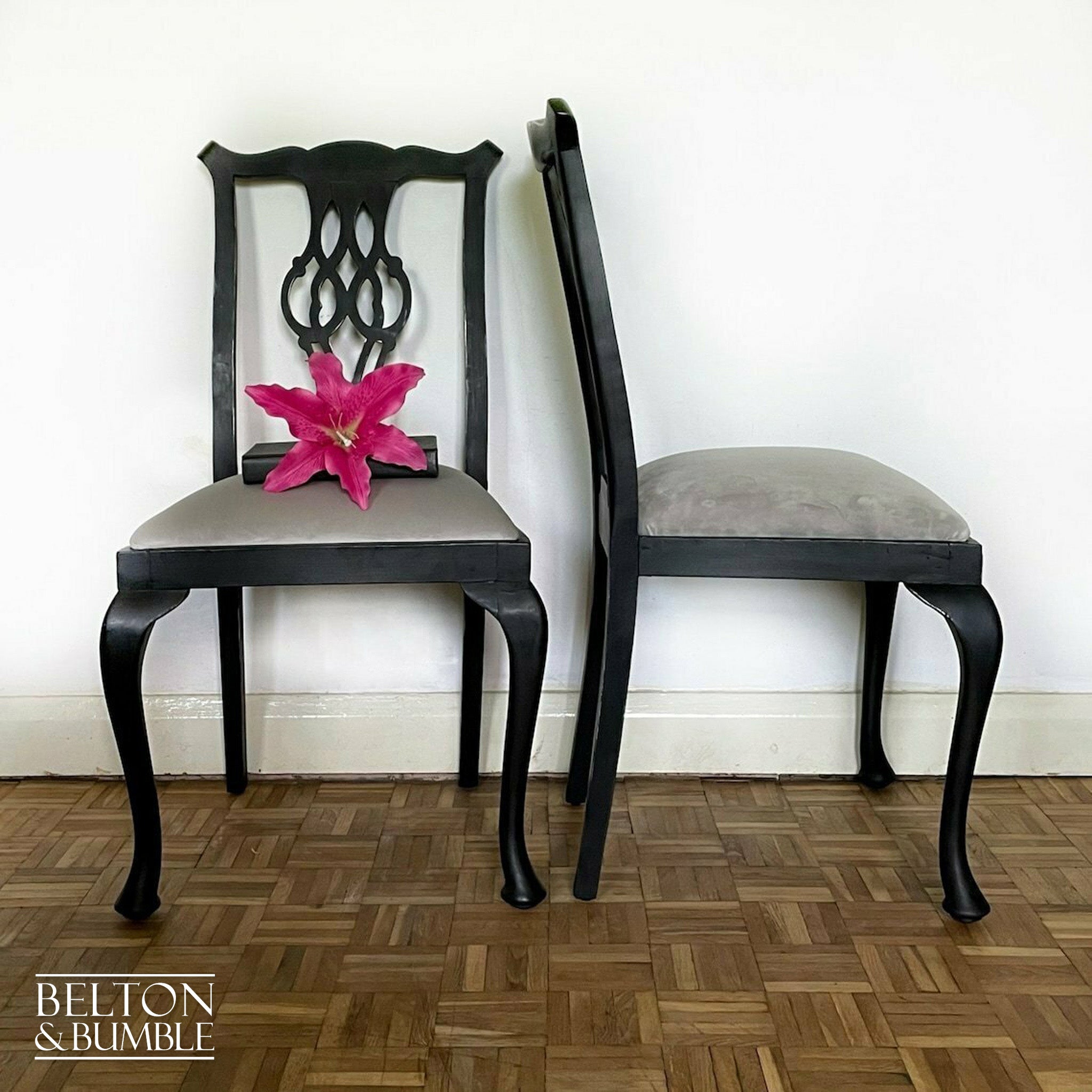Set of Six Dining Chairs in Black with Light Grey Velvet-Belton & Bumble