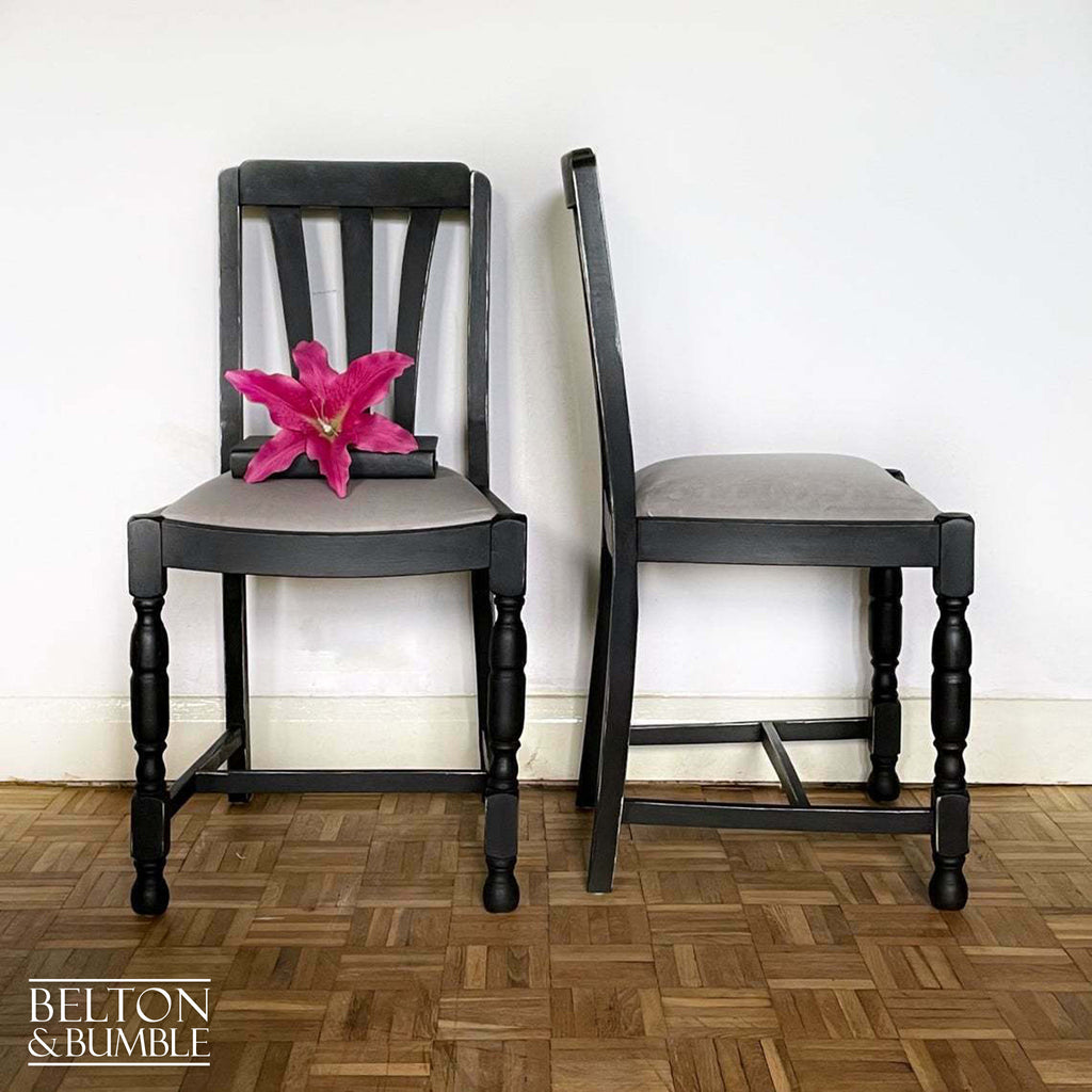 Set of Six Dining Chairs in Black with Light Grey Velvet-Belton & Bumble