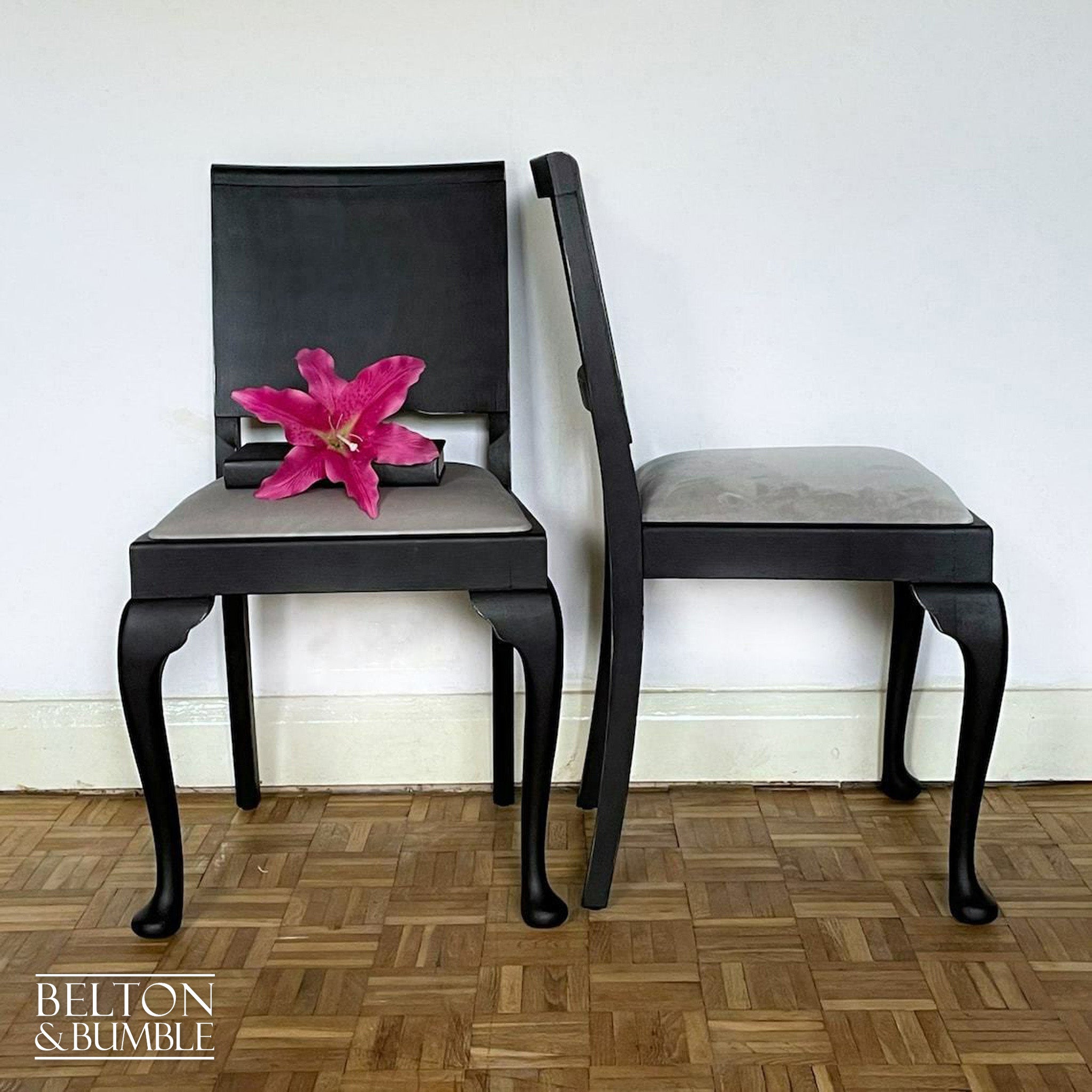 Set of Six Dining Chairs in Black with Light Grey Velvet-Belton & Bumble
