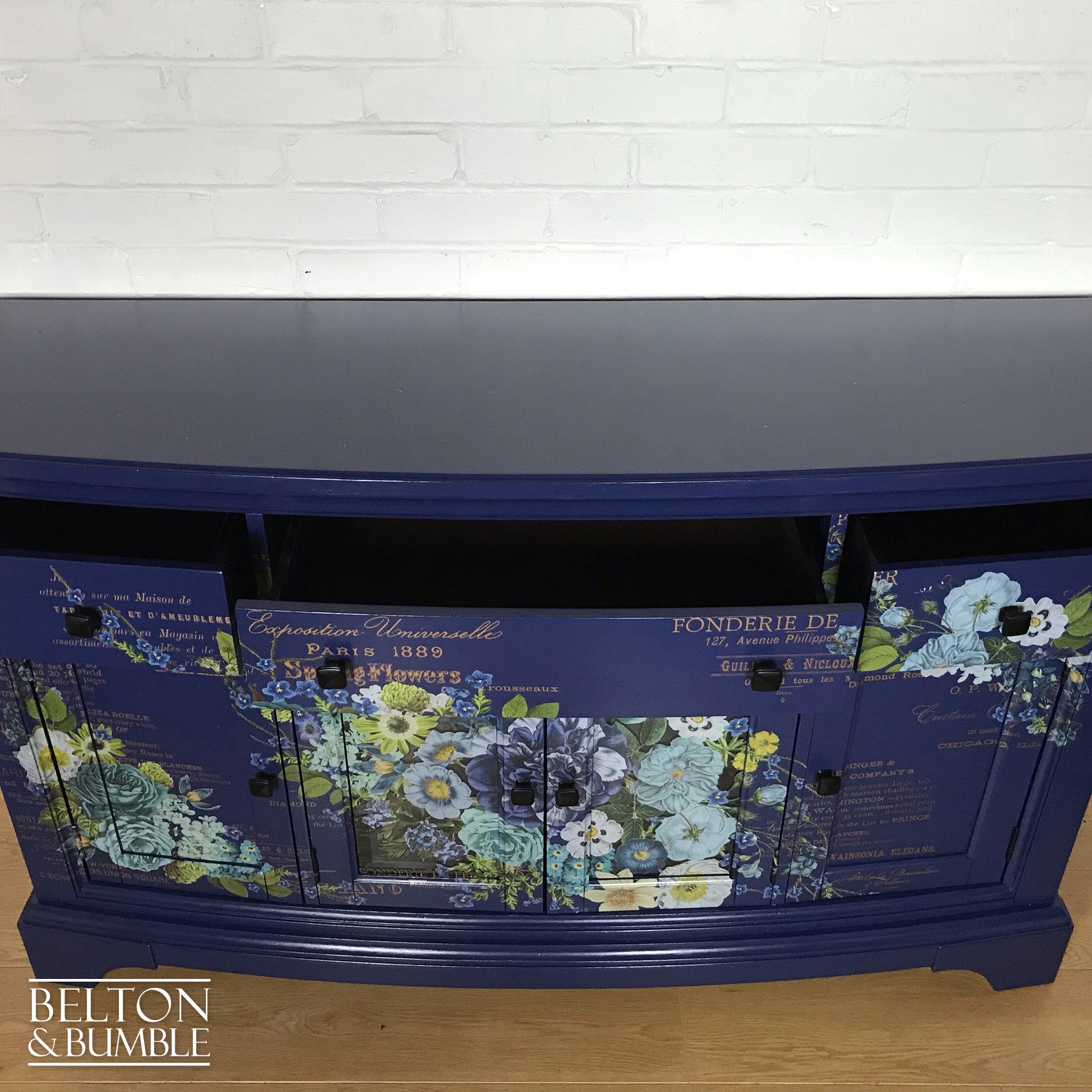 Navy Blue Sideboard and Bottle Storage with Floral Design-Belton & Bumble