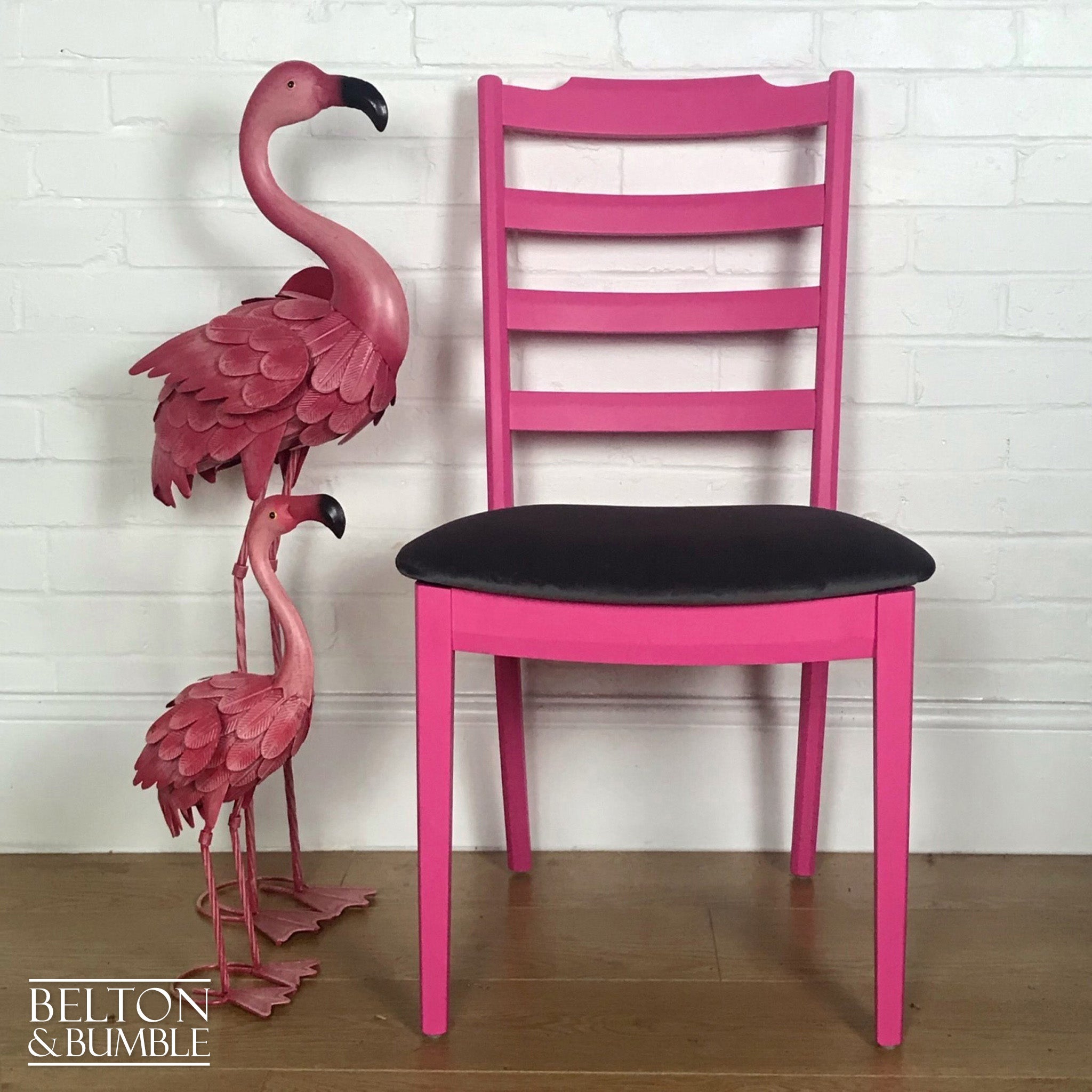 Bright Pink Single G Plan Chair with Grey Velvet Seat.-Belton & Butler