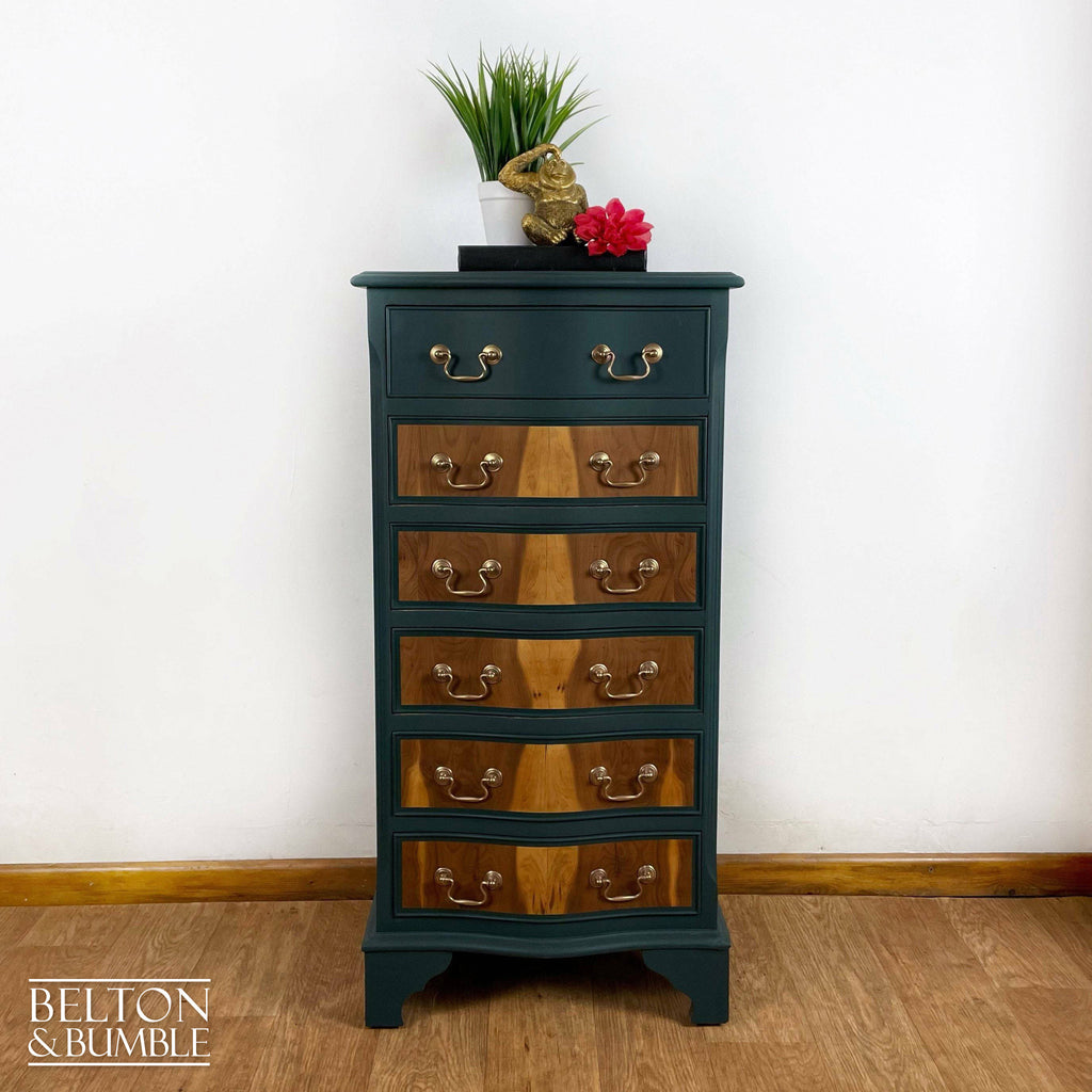 Six Drawer Tallboy Bow Fronted Chest of Drawers in Dark Green and Flame Mahogany-Belton & Bumble