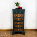 Six Drawer Tallboy Bow Fronted Chest of Drawers in Dark Green and Flame Mahogany-Belton & Bumble