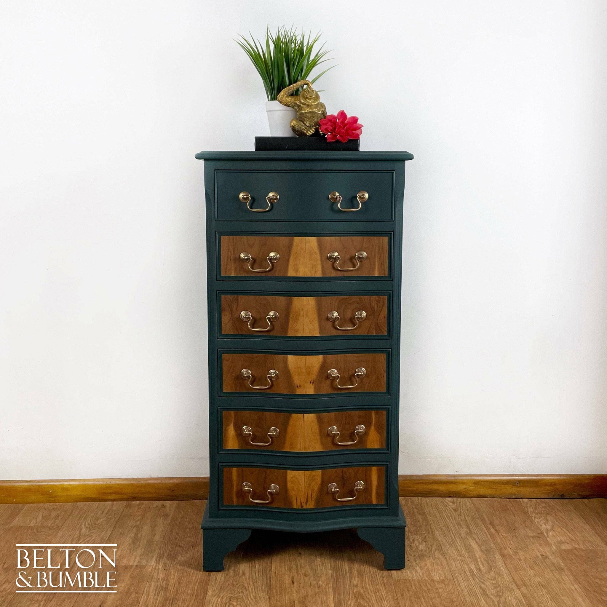 Six Drawer Tallboy Bow Fronted Chest of Drawers in Dark Green and Flame Mahogany-Belton & Bumble