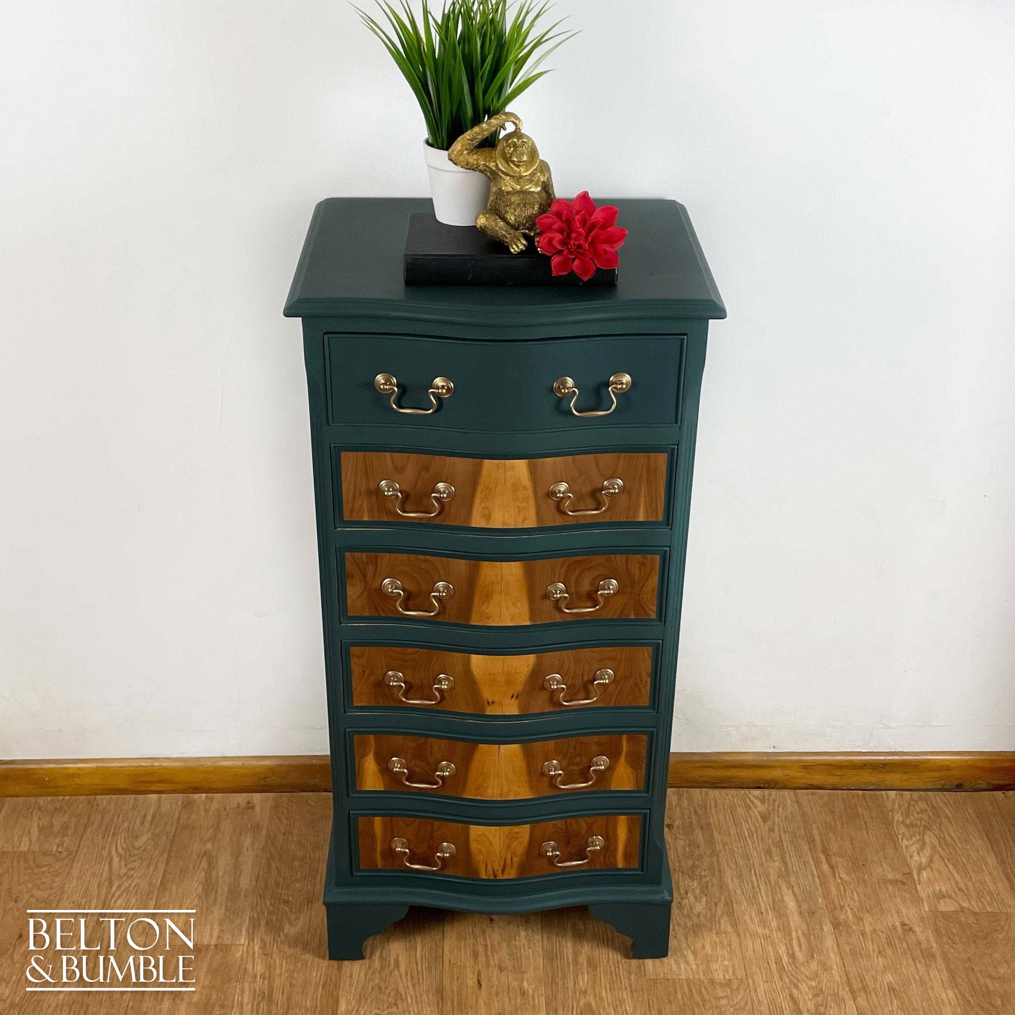 Six Drawer Tallboy Bow Fronted Chest of Drawers in Dark Green and Flame Mahogany-Belton & Bumble