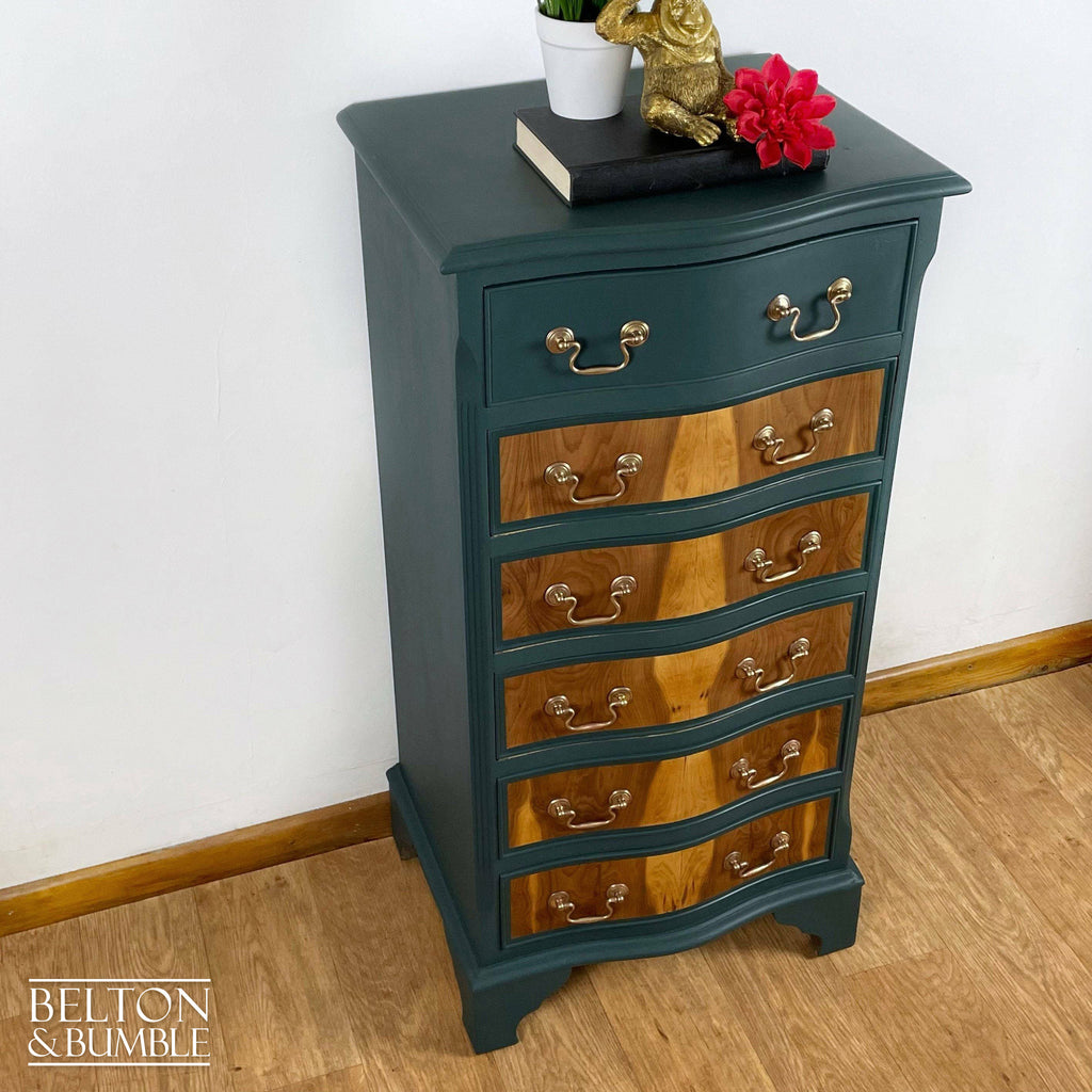 Six Drawer Tallboy Bow Fronted Chest of Drawers in Dark Green and Flame Mahogany-Belton & Bumble