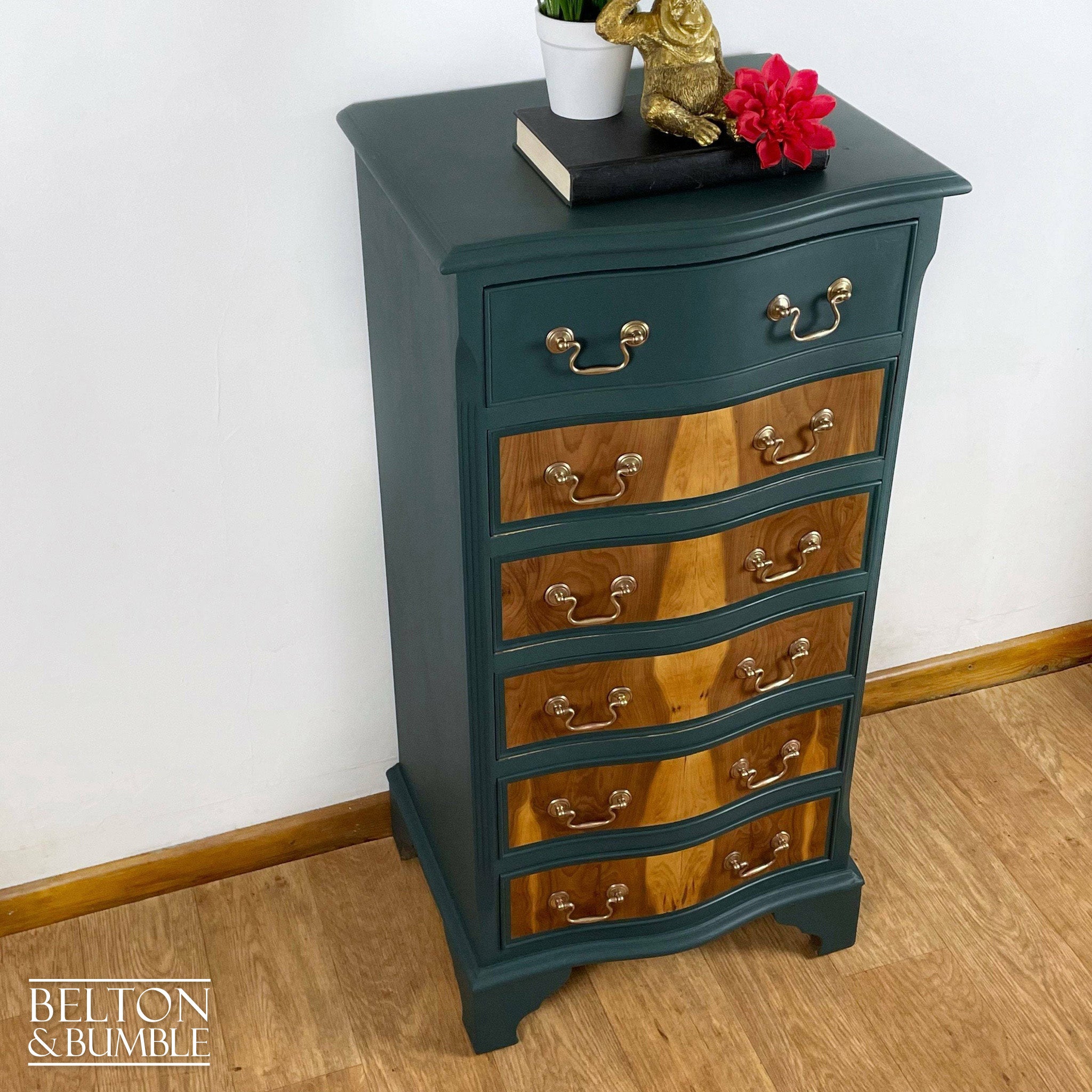 Six Drawer Tallboy Bow Fronted Chest of Drawers in Dark Green and Flame Mahogany-Belton & Bumble