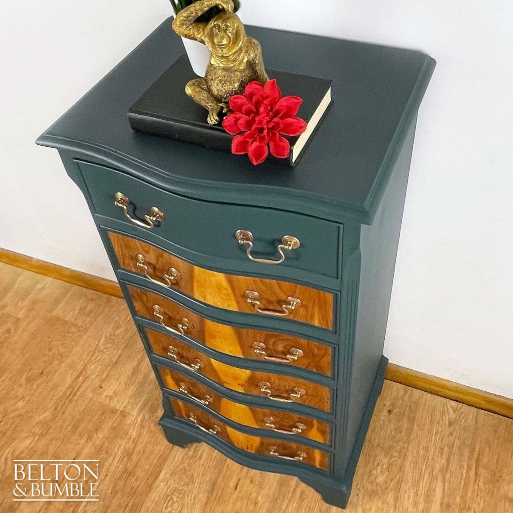 Six Drawer Tallboy Bow Fronted Chest of Drawers in Dark Green and Flame Mahogany-Belton & Bumble