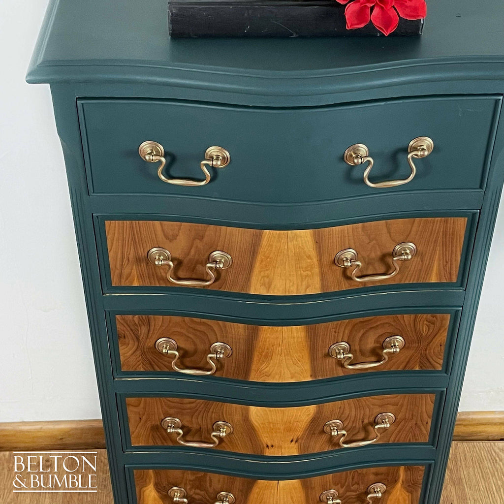 Six Drawer Tallboy Bow Fronted Chest of Drawers in Dark Green and Flame Mahogany-Belton & Bumble