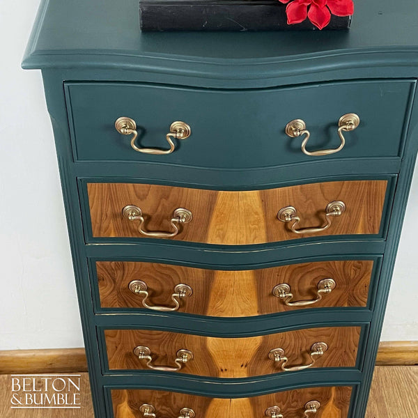 Six Drawer Tallboy Bow Fronted Chest of Drawers in Dark Green and Flame Mahogany-Belton & Butler