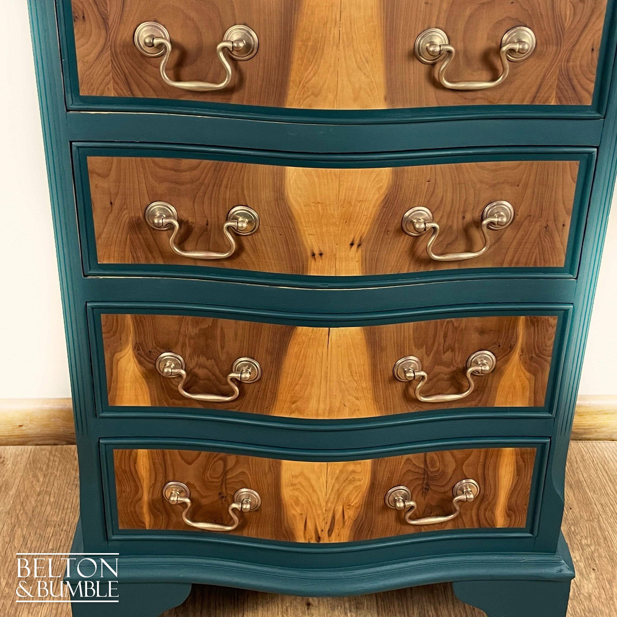 Six Drawer Tallboy Bow Fronted Chest of Drawers in Dark Green and Flame Mahogany-Belton & Bumble