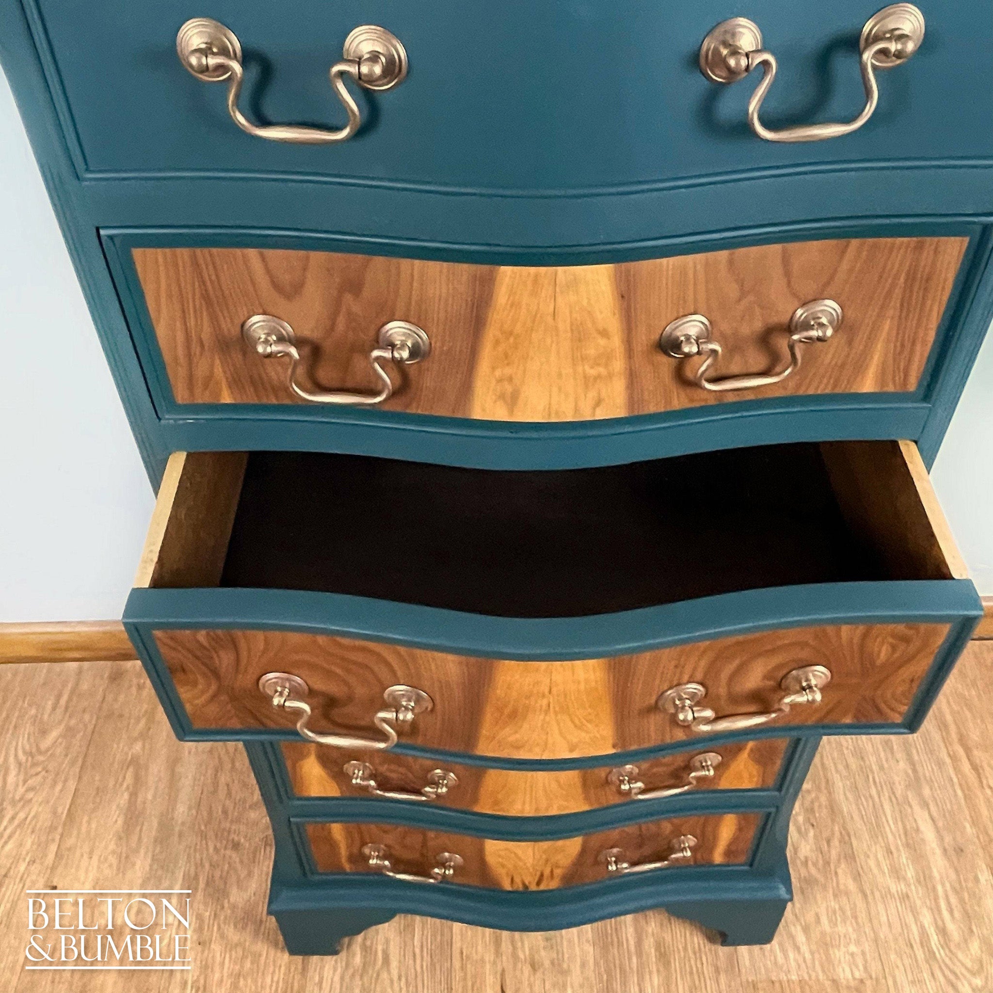 Six Drawer Tallboy Bow Fronted Chest of Drawers in Dark Green and Flame Mahogany-Belton & Bumble