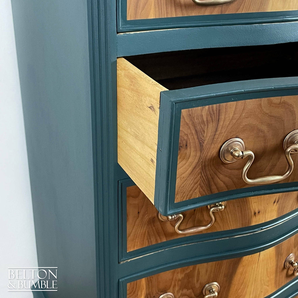 Six Drawer Tallboy Bow Fronted Chest of Drawers in Dark Green and Flame Mahogany-Belton & Bumble