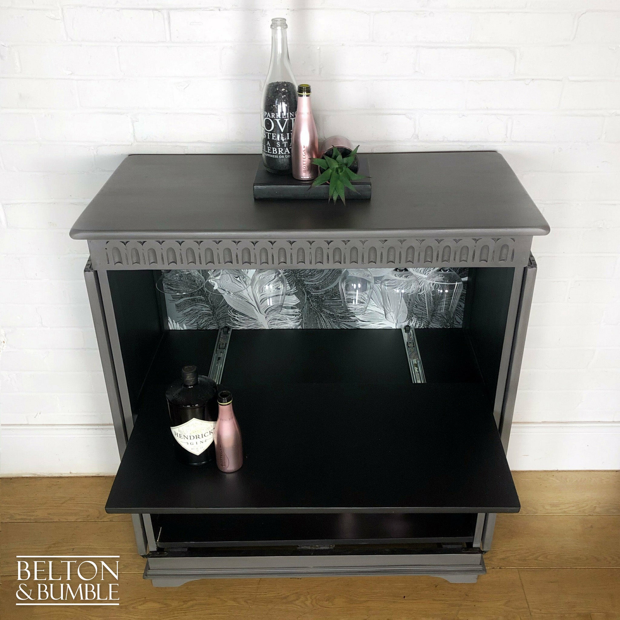 Solid Wood Carved Grey Drinks Cabinet-Belton & Bumble