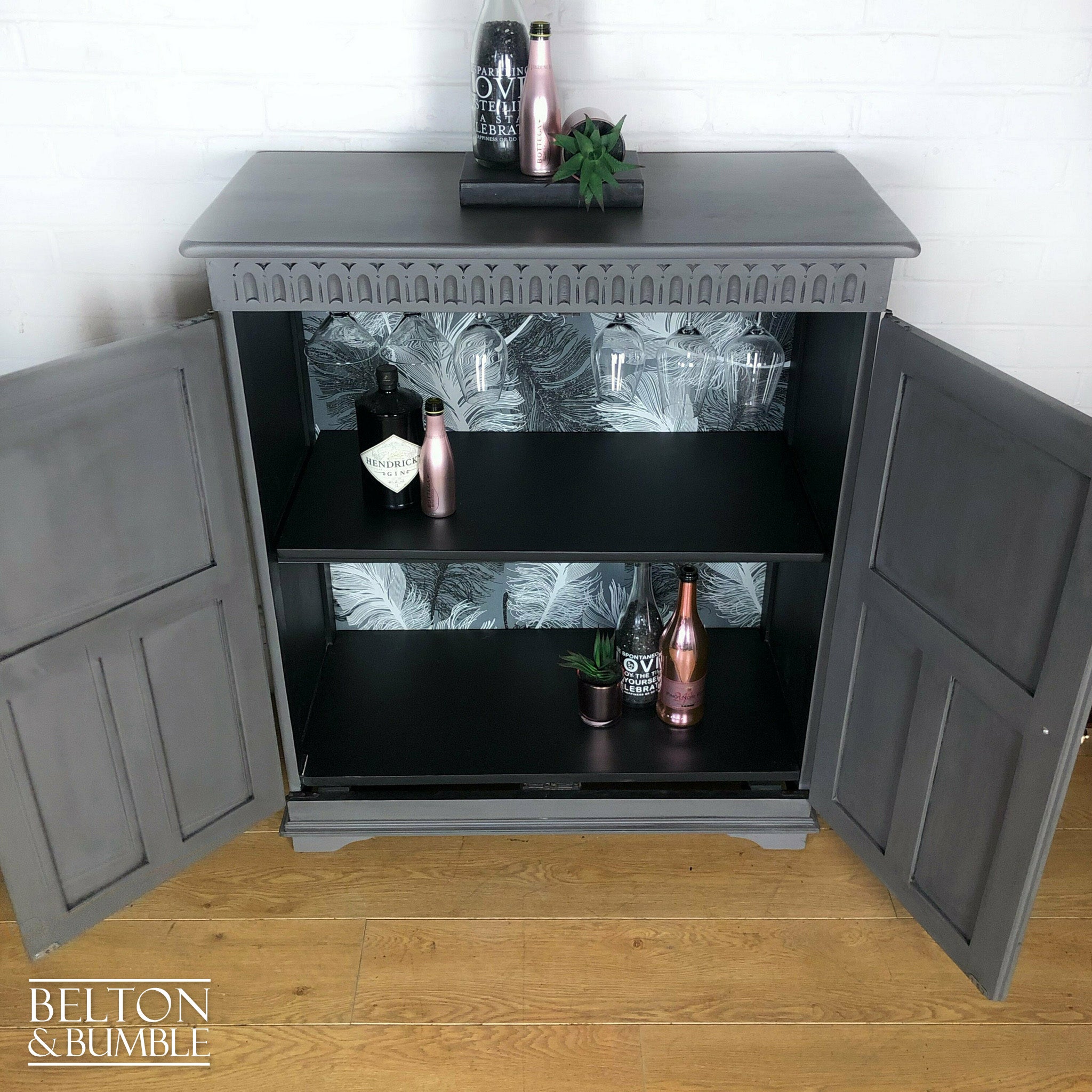 Solid Wood Carved Grey Drinks Cabinet-Belton & Bumble