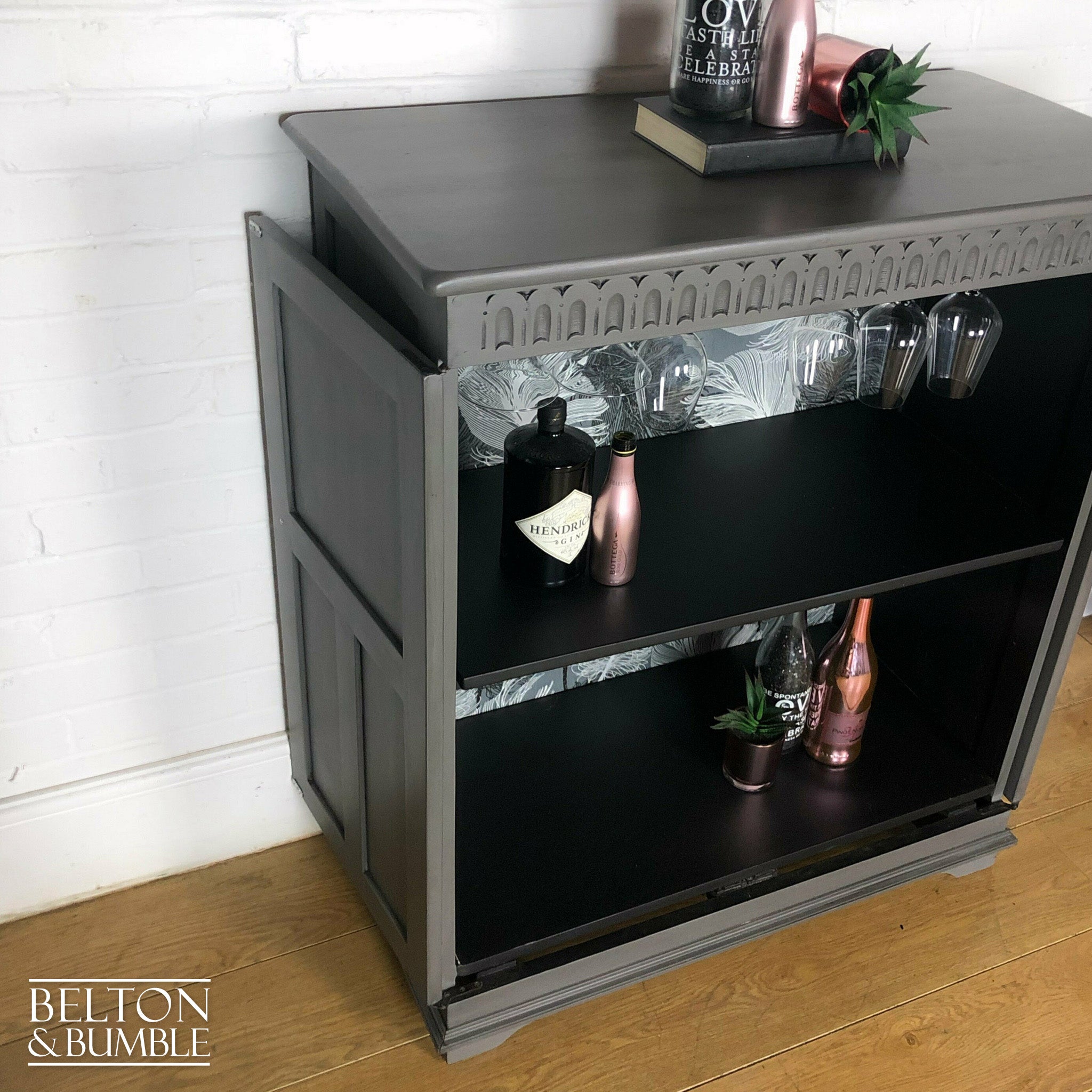 Solid Wood Carved Grey Drinks Cabinet-Belton & Bumble