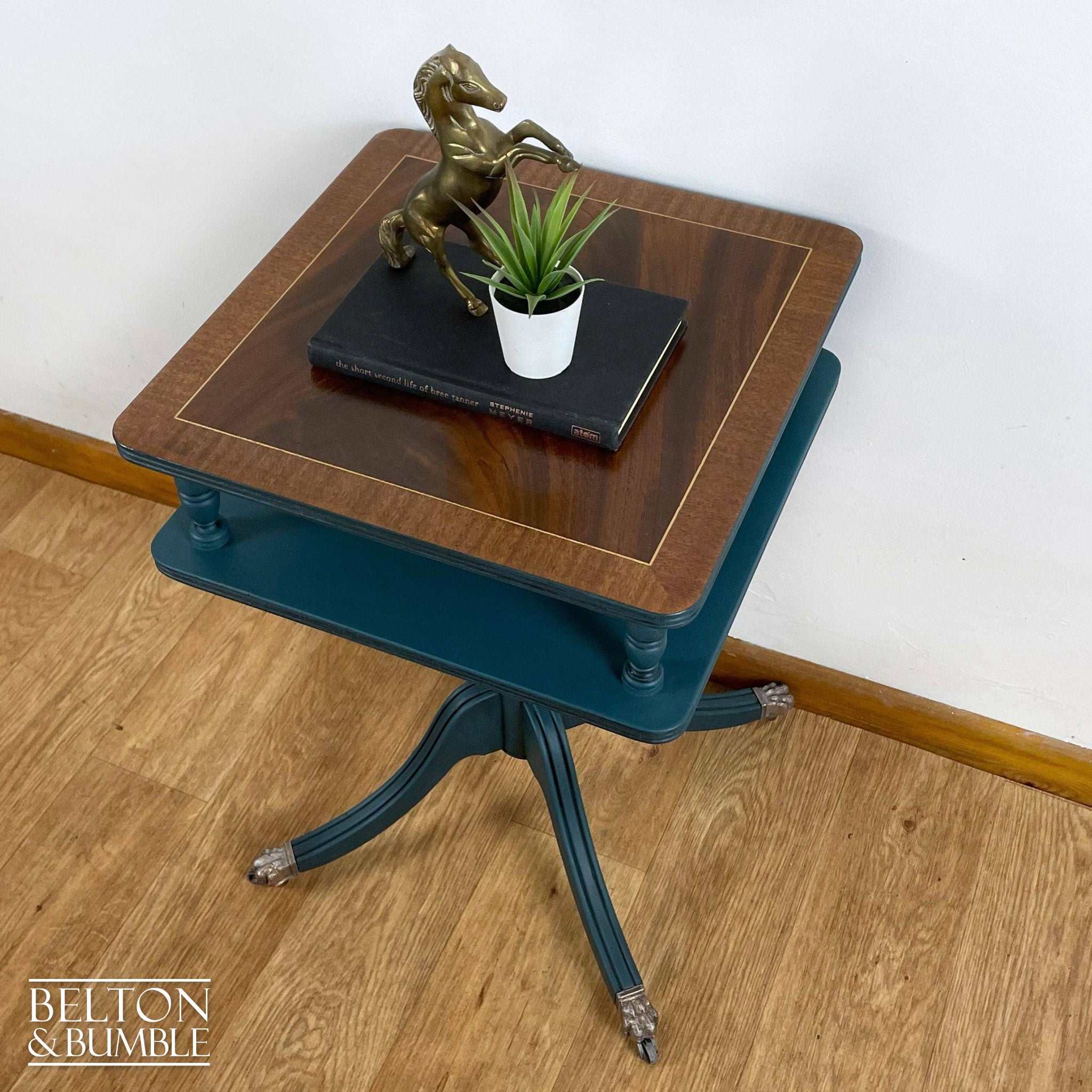 Square Flamed Mahogany Side Table in Blue and Black-Belton & Bumble