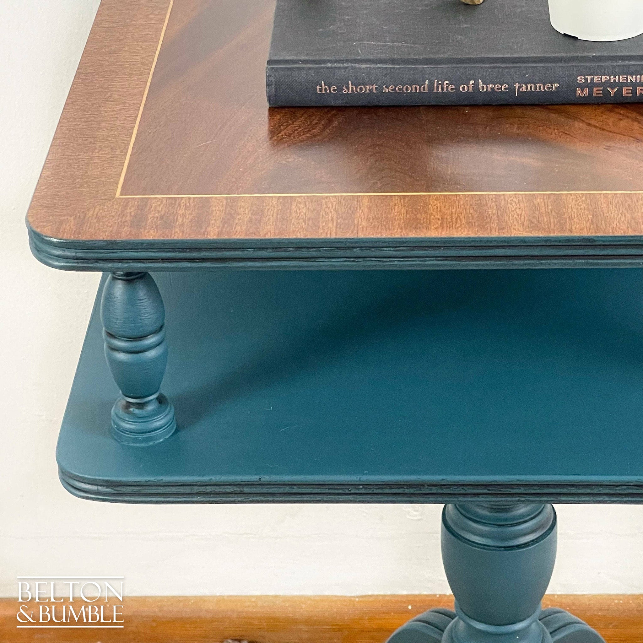 Square Flamed Mahogany Side Table in Blue and Black-Belton & Bumble