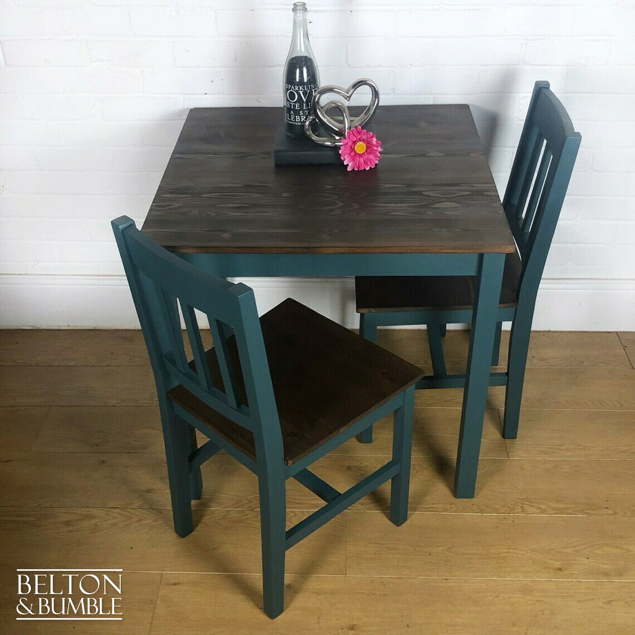 Square Pine Dining Table and Two Chair Set in Green-Belton & Bumble