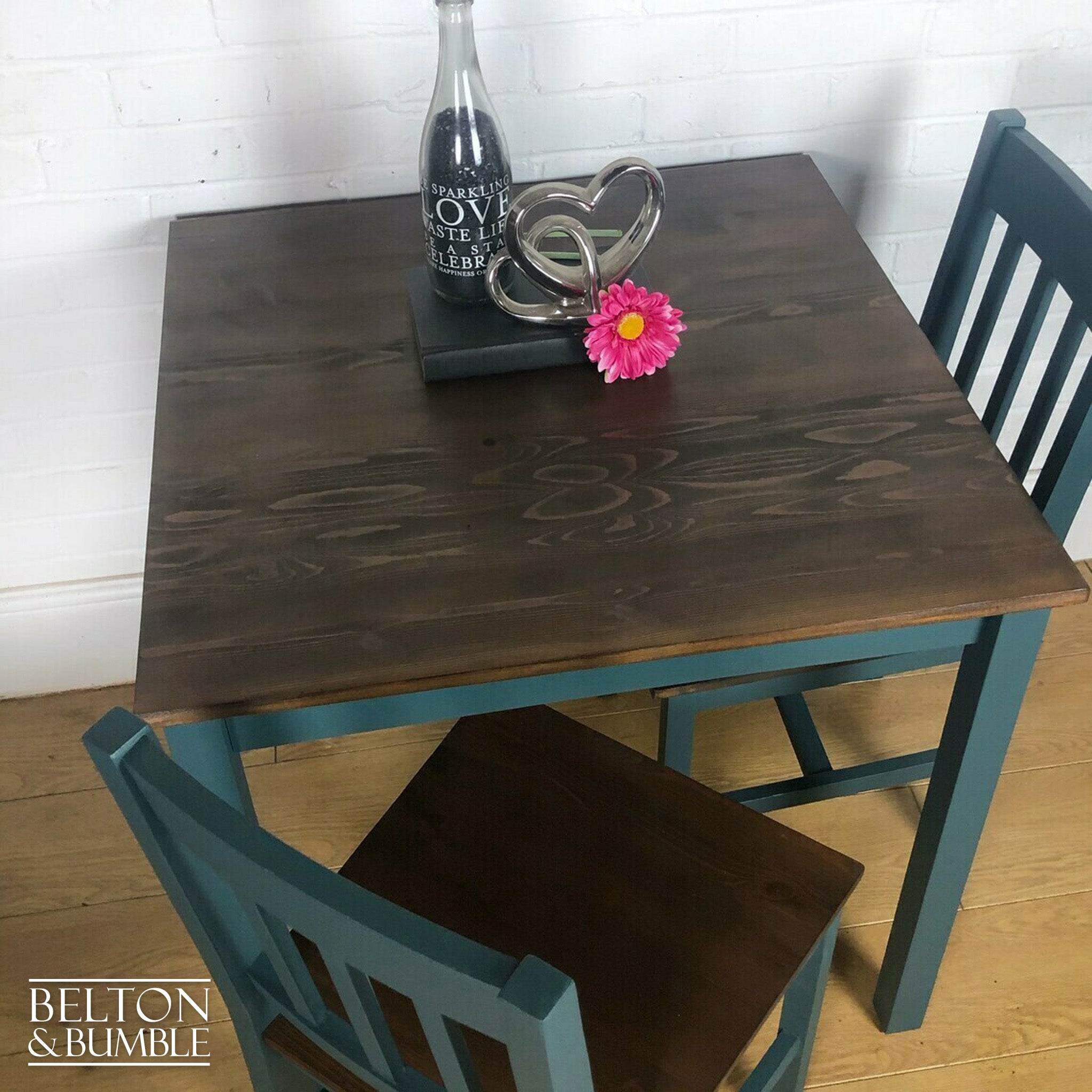 Square Pine Dining Table and Two Chair Set in Green-Belton & Bumble