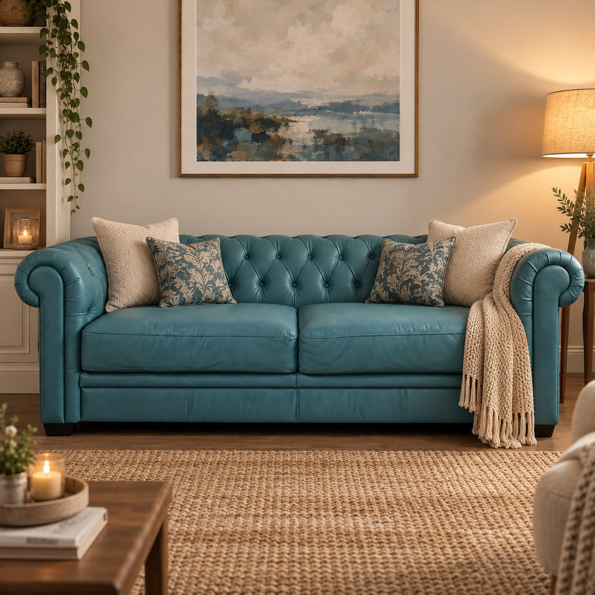 A teal tufted leather sofa in a cozy living room setting, styled with beige and blue patterned throw pillows, a cream knit blanket, and a framed landscape painting on the wall.