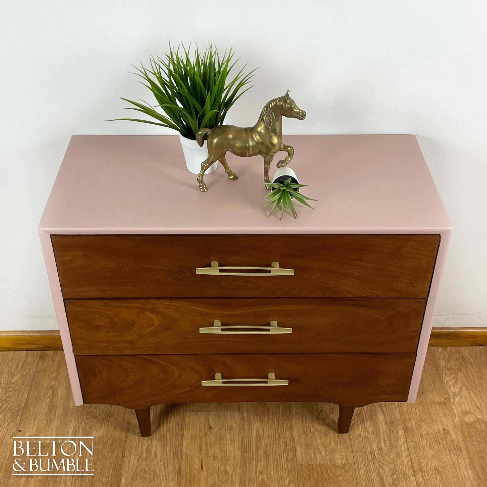 Three Drawer Chest of Drawers in Pale Pink and Wood-Belton & Bumble