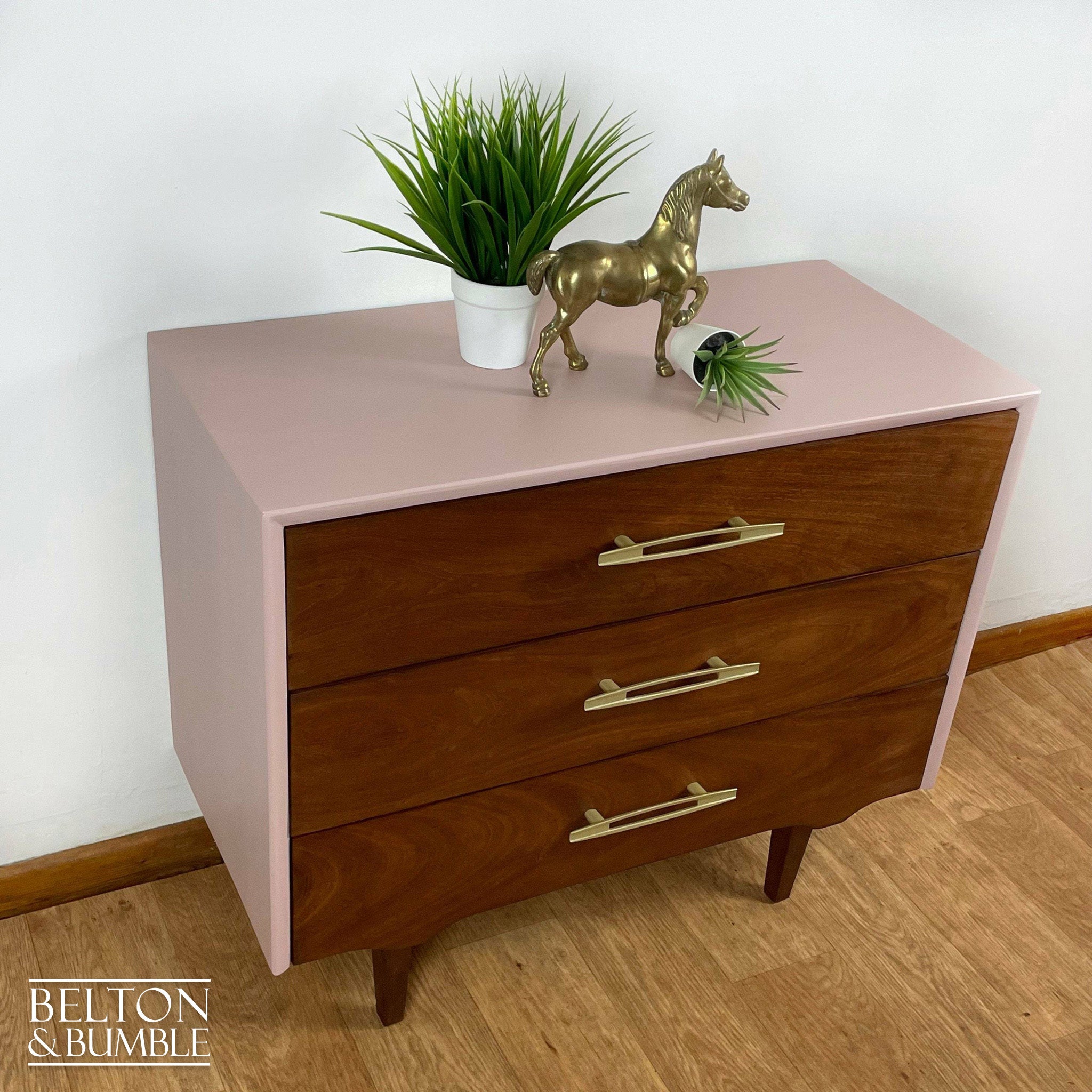 Three Drawer Chest of Drawers in Pale Pink and Wood-Belton & Bumble