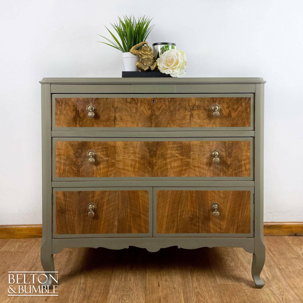 Two Drawer Chest of Drawers with Cupboard in Green Grey and Wood-Belton & Bumble