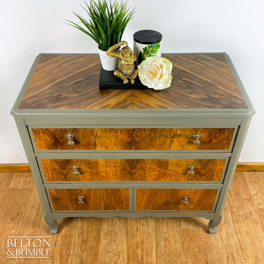 Two Drawer Chest of Drawers with Cupboard in Green Grey and Wood-Belton & Bumble