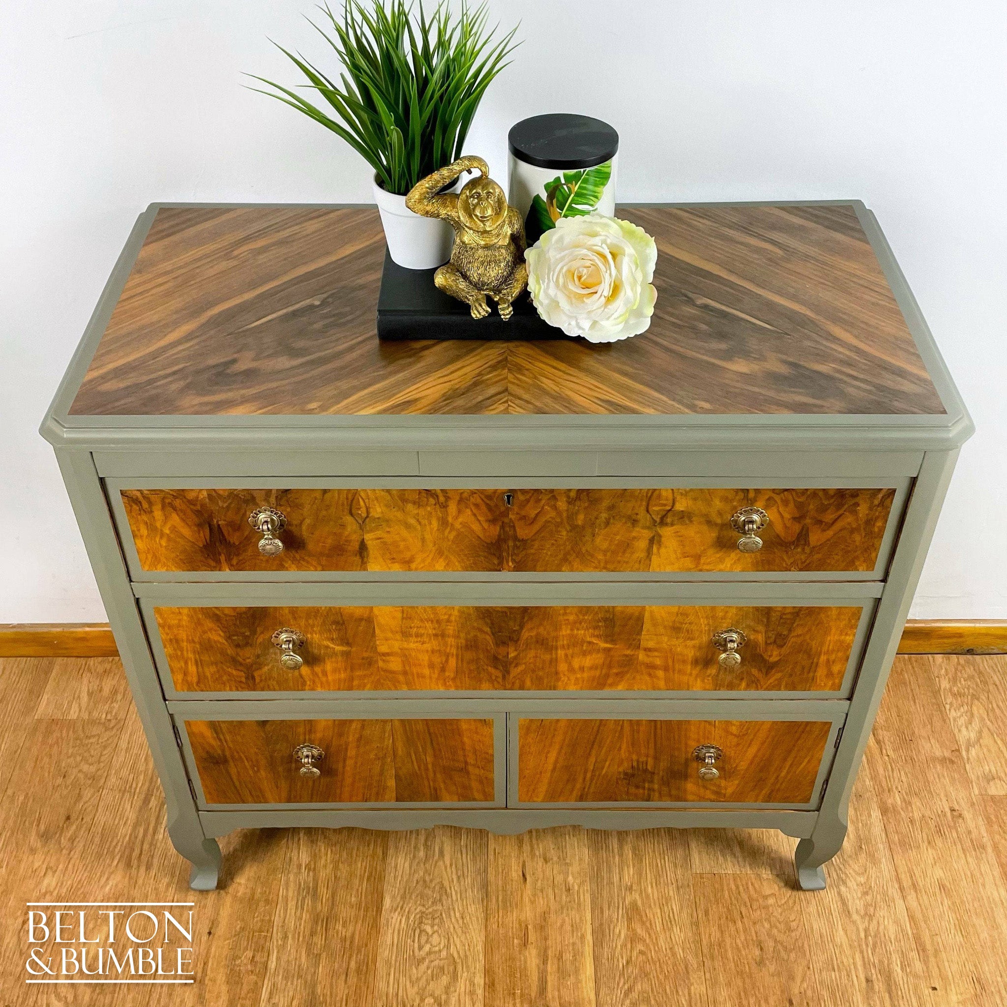 Two Drawer Chest of Drawers with Cupboard in Green Grey and Wood-Belton & Bumble