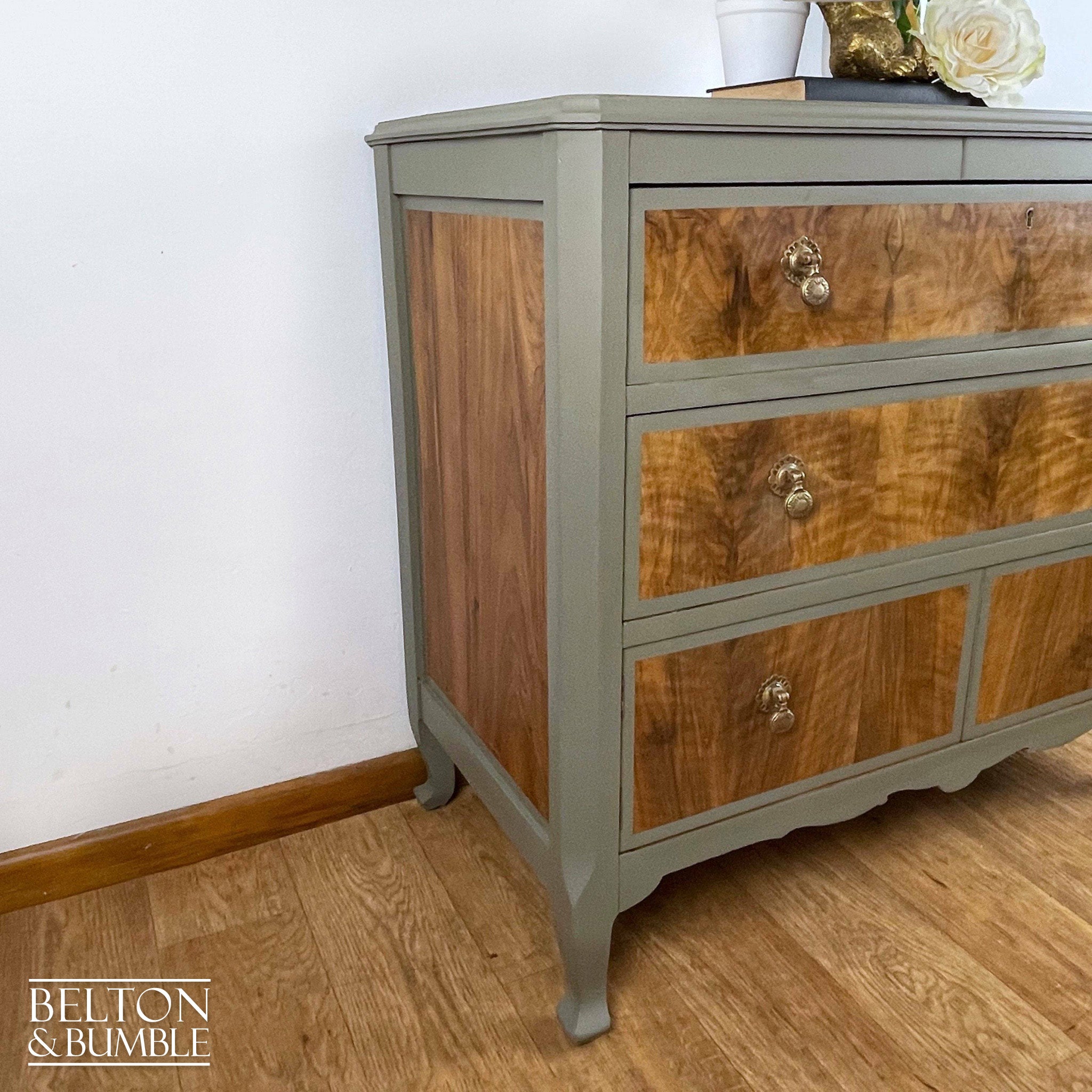 Two Drawer Chest of Drawers with Cupboard in Green Grey and Wood-Belton & Bumble