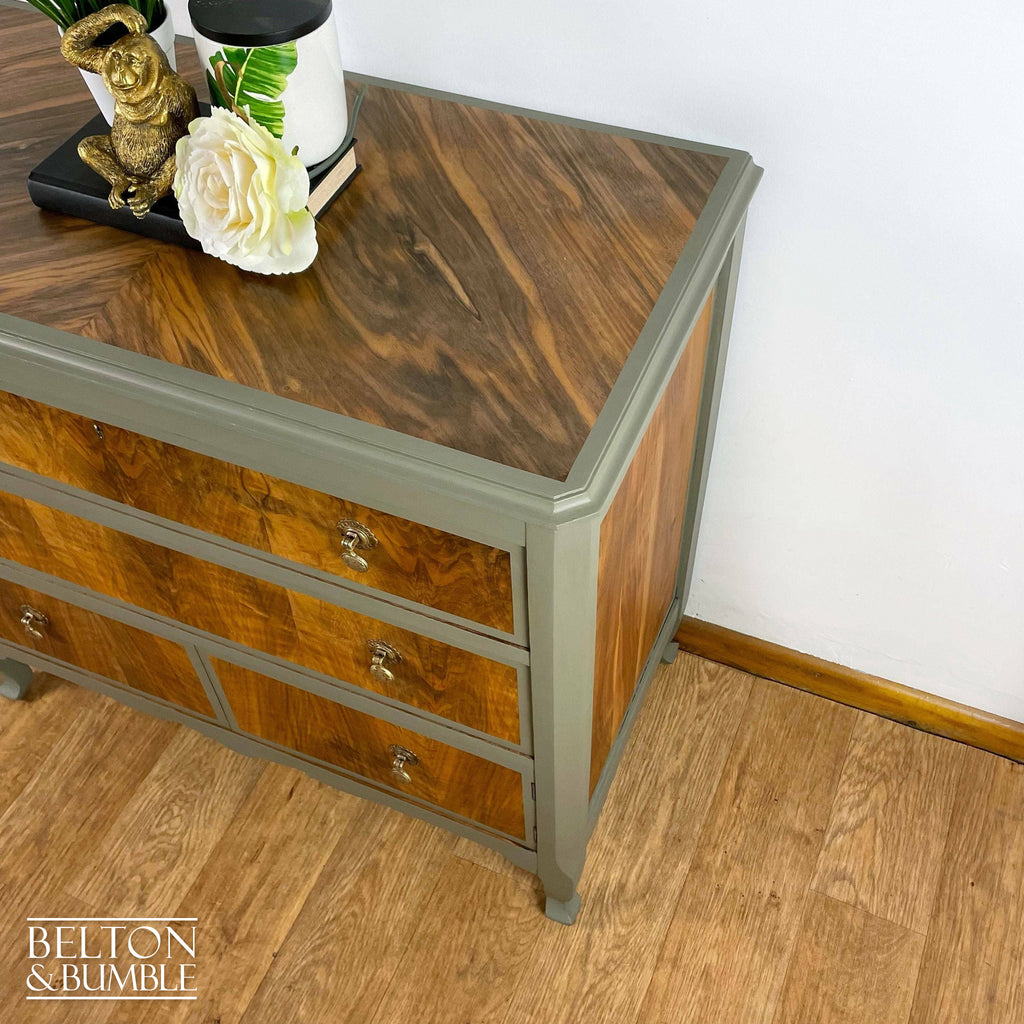 Two Drawer Chest of Drawers with Cupboard in Green Grey and Wood-Belton & Bumble