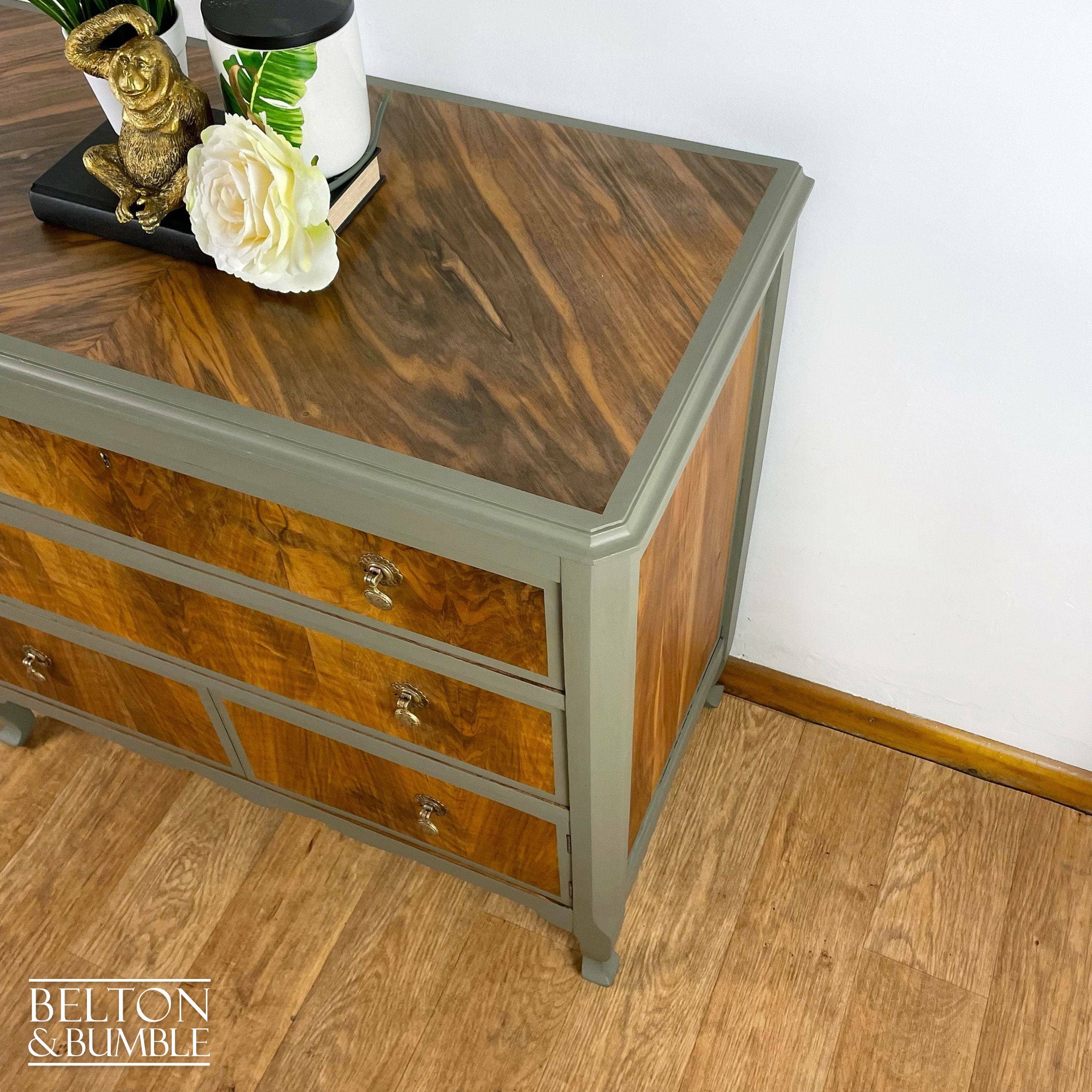 Two Drawer Chest of Drawers with Cupboard in Green Grey and Wood-Belton & Bumble